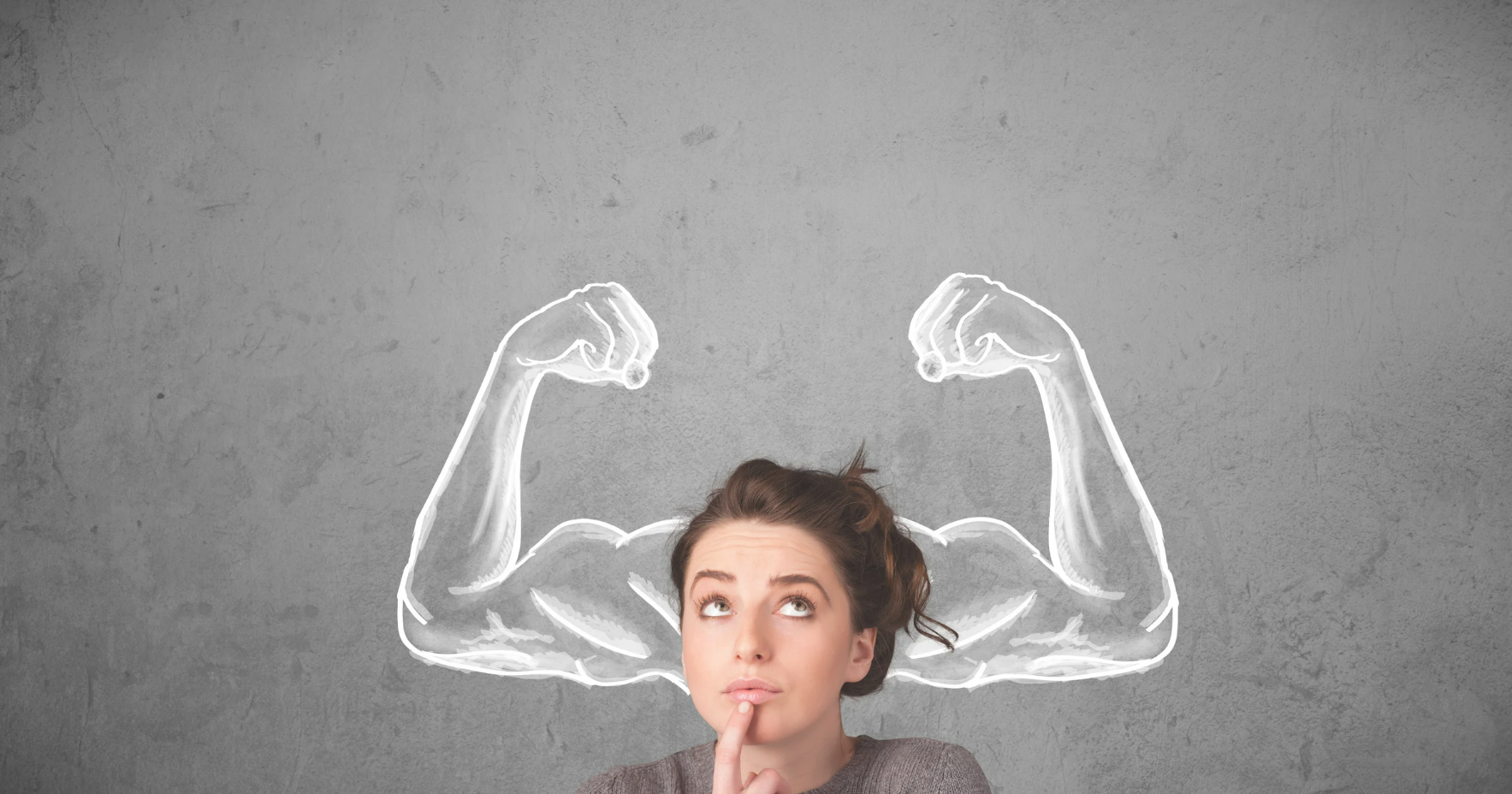 Women thinking with strong arms drawn behind her flexing muscles. Depicting ADHD strengths.