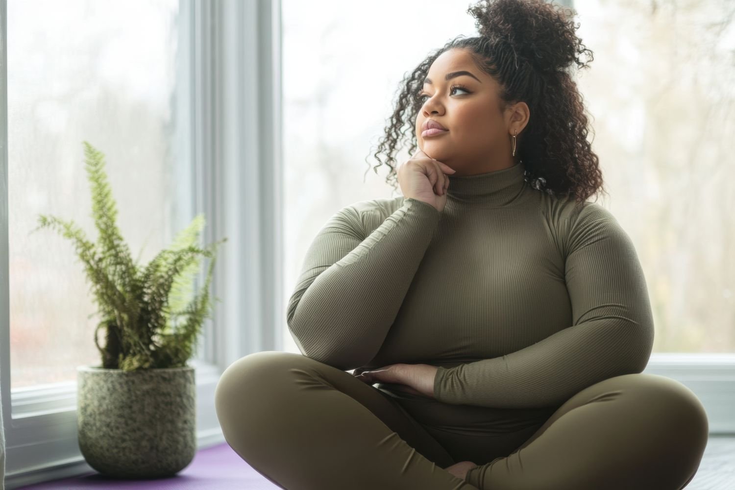 A woman with curly hair sitting cross-legged and contemplating by a window, with a potted fern nearby.