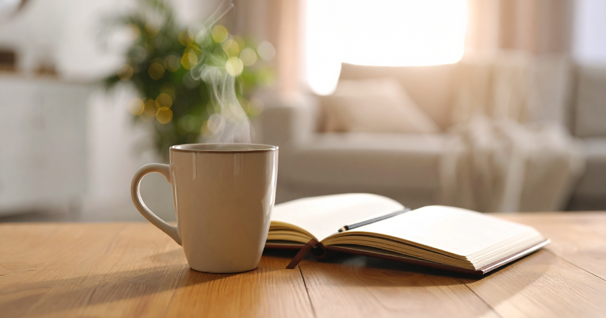 Steaming mug on a table open book and couch in the background.
