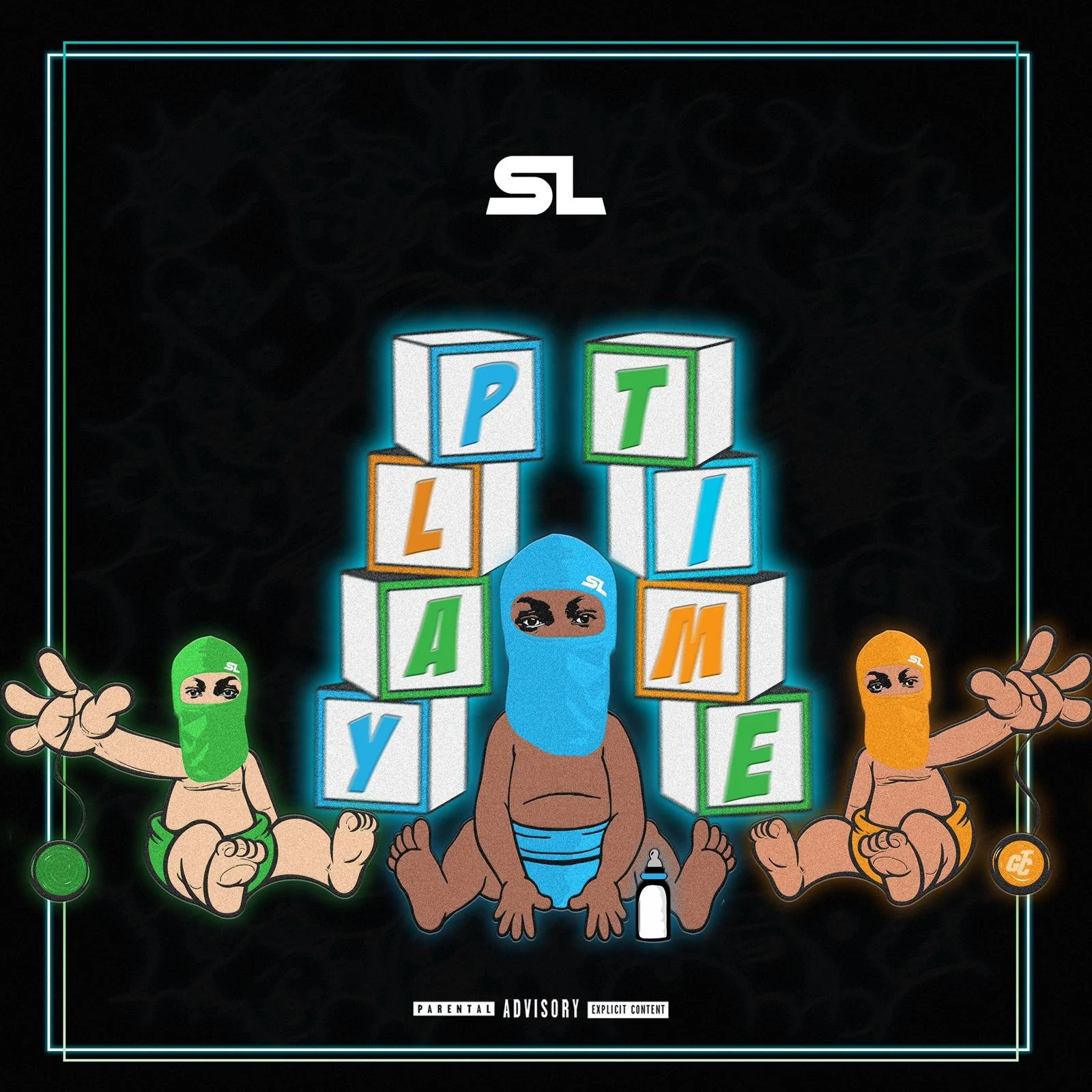 Cartoon illustration of three babies wearing colorful ski masks, sitting in front of a stacked arrangement of alphabet blocks that spell 'PLAYME', with a neon glow and a dark background.