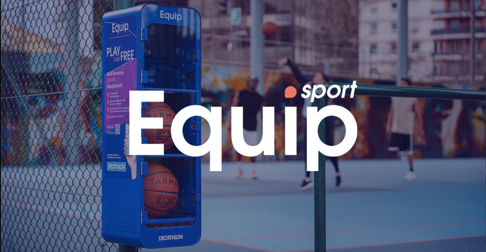 A basketball dispensing machine on a basketball court with people playing in the background, and overlay text reading 'sport team'.