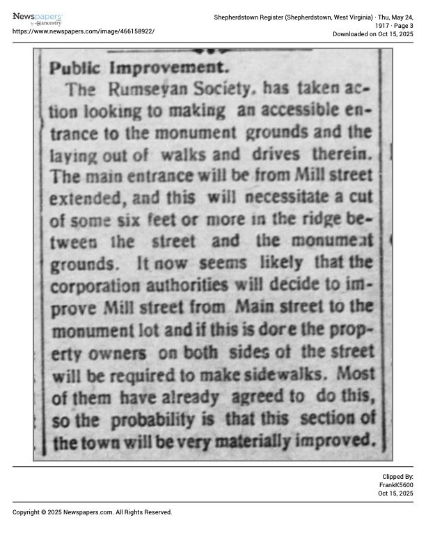 A newspaper clipping from Shepherdstown Register, West Virginia, dated Thursday, May 24, 1917, discussing public improvement plans by the Rumseyan Society for accessible monument grounds and sidewalk extensions from Mill street to Main street.