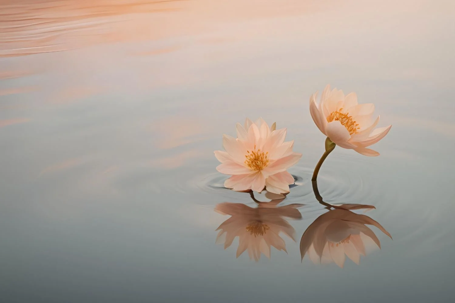 Two pink water lilies floating on calm water with their reflections visible.