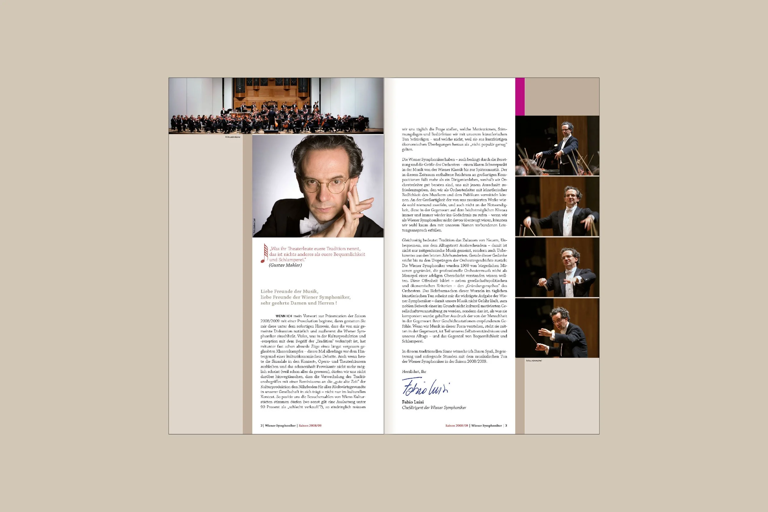 A two-page spread of a magazine or brochure featuring the Vienna Symphony Orchestra. The left page has a portrait of a conductor wearing glasses and a tuxedo, with a quote from Gustav Mahler and a letter in German. The right page contains four images