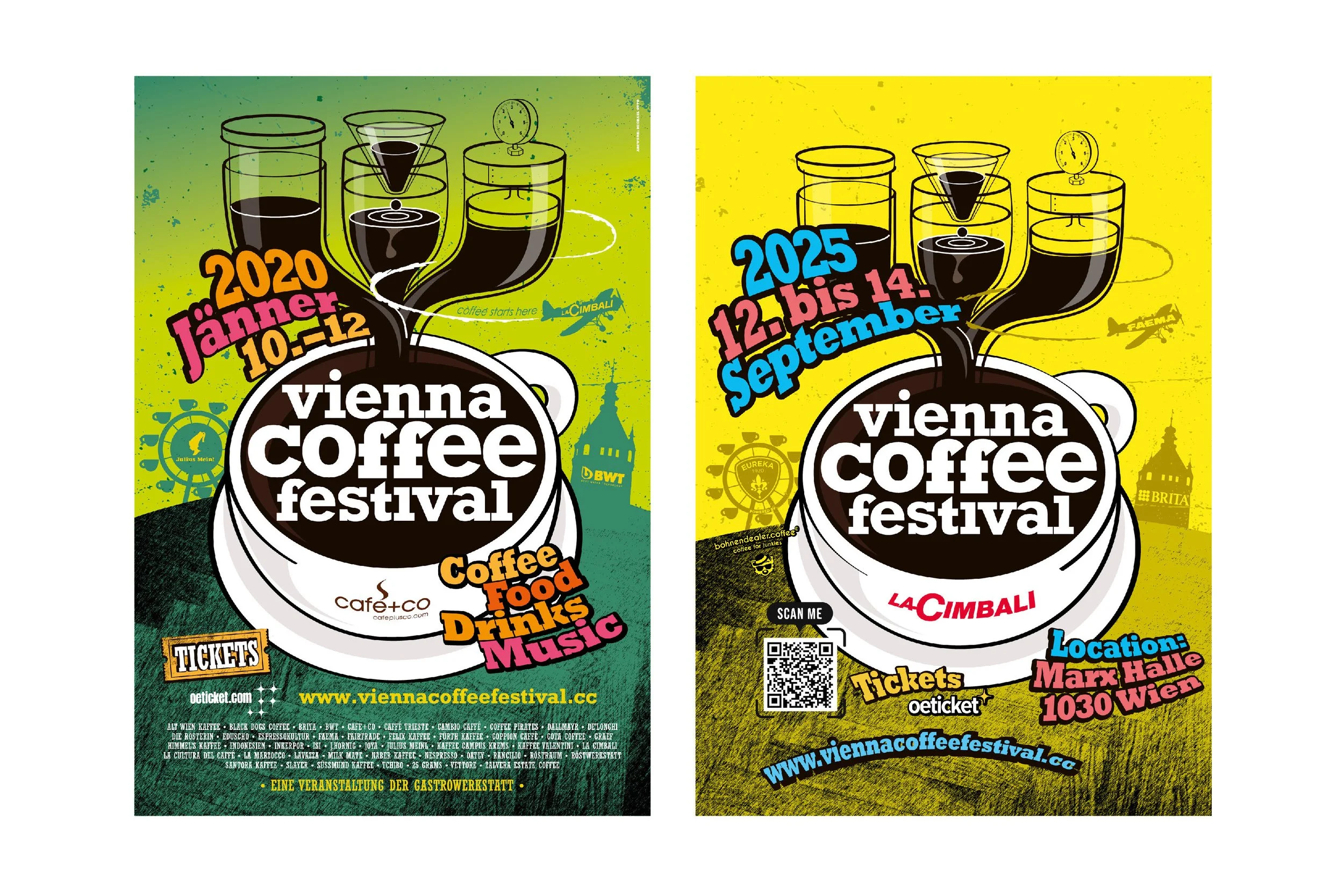 Flyers for Vienna Coffee Festival, showing dates for 2020 January 10-12 and 2025 September 12-14, featuring coffee-themed design with coffee cups, city landmarks, and event details.