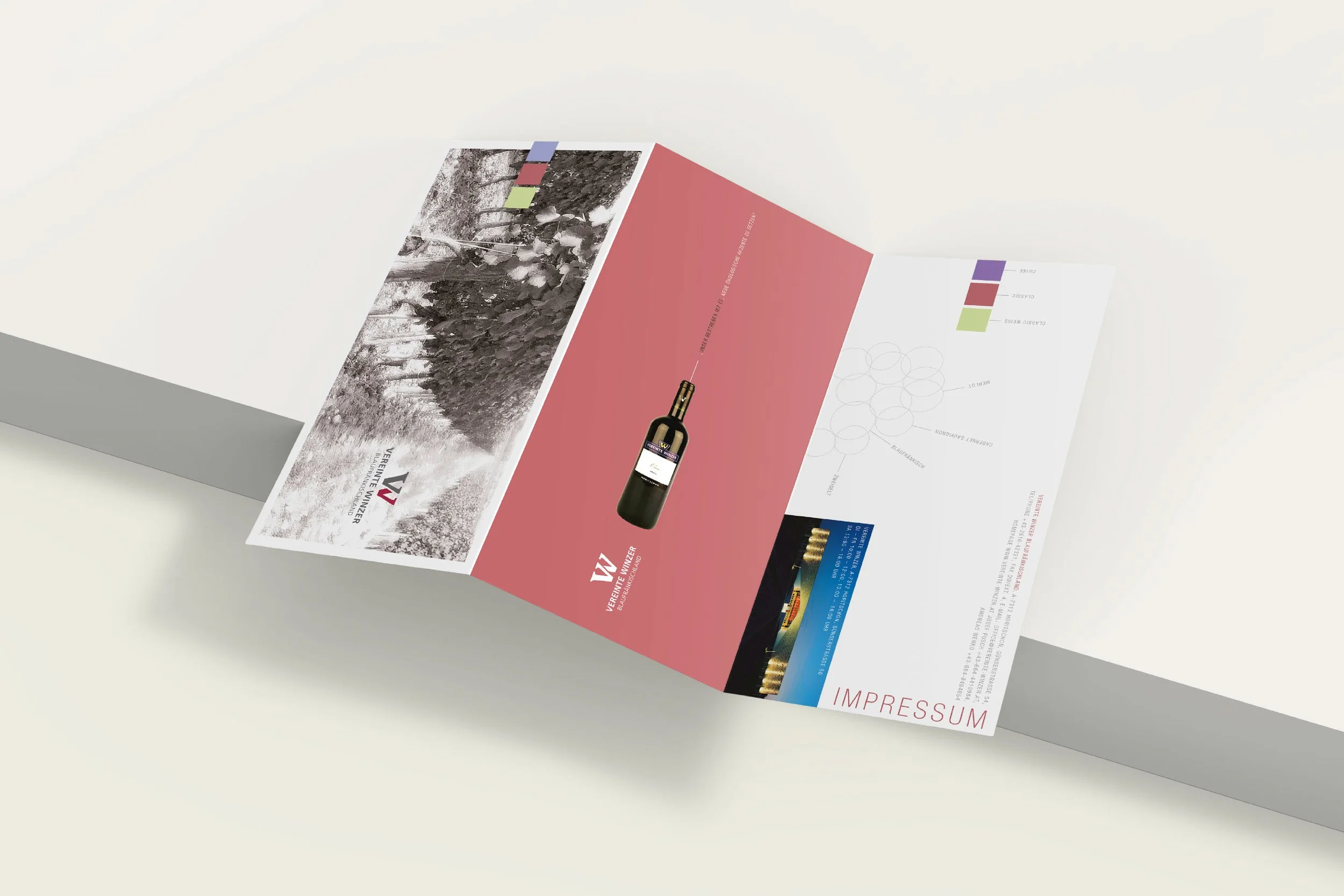 Open brochure with vineyard landscape and a wine bottle image on a pink background, featuring text and diagrams.