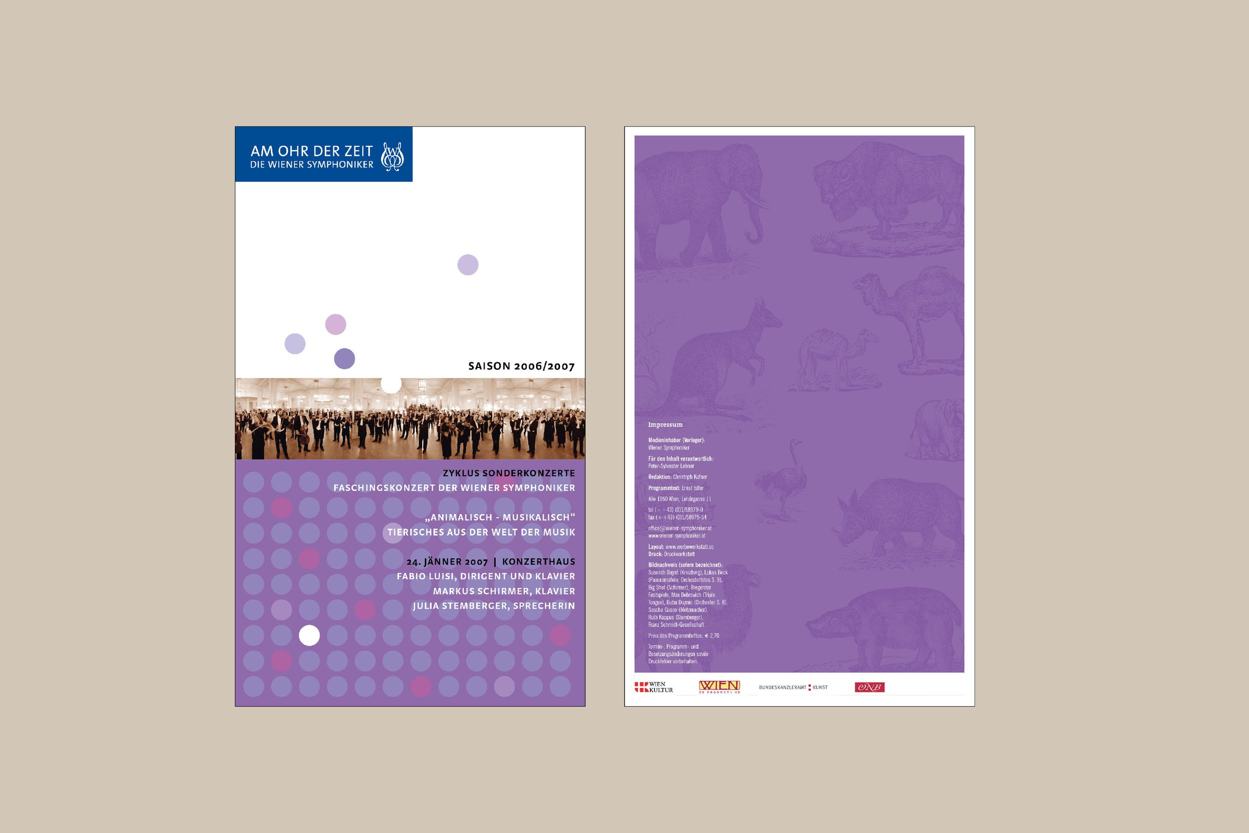 Two posters for a concert event: the left one shows an indoor concert with people dancing, with a dark purple and white color scheme and German text; the right one has a purple background with faint animal illustrations and German text.