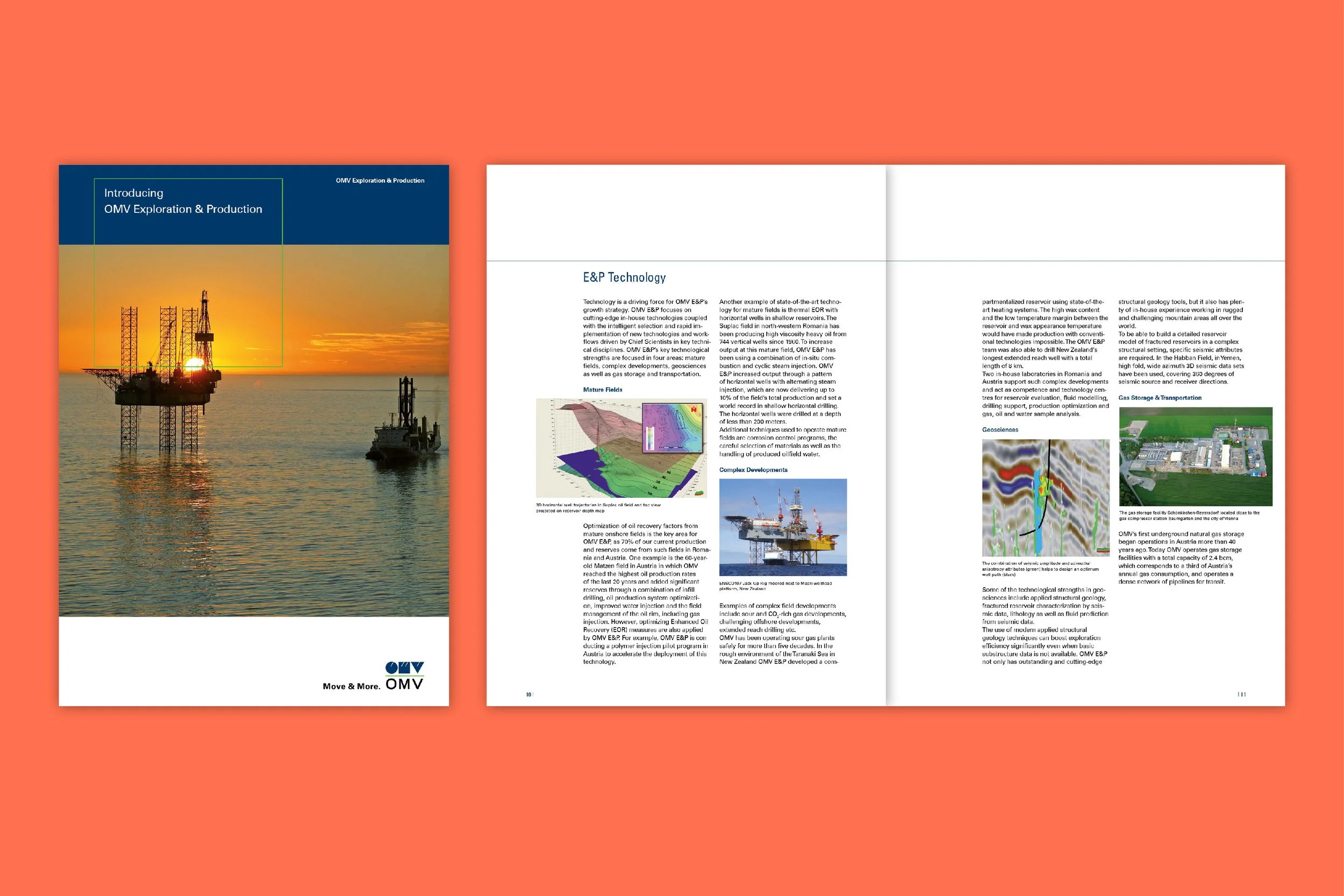 Cover page of a brochure showing an offshore oil rig during sunset, with two smaller oil rigs in the water. The brochure appears to be about OMV Exploration & Production, with the OMV logo and tagline "Move & More".