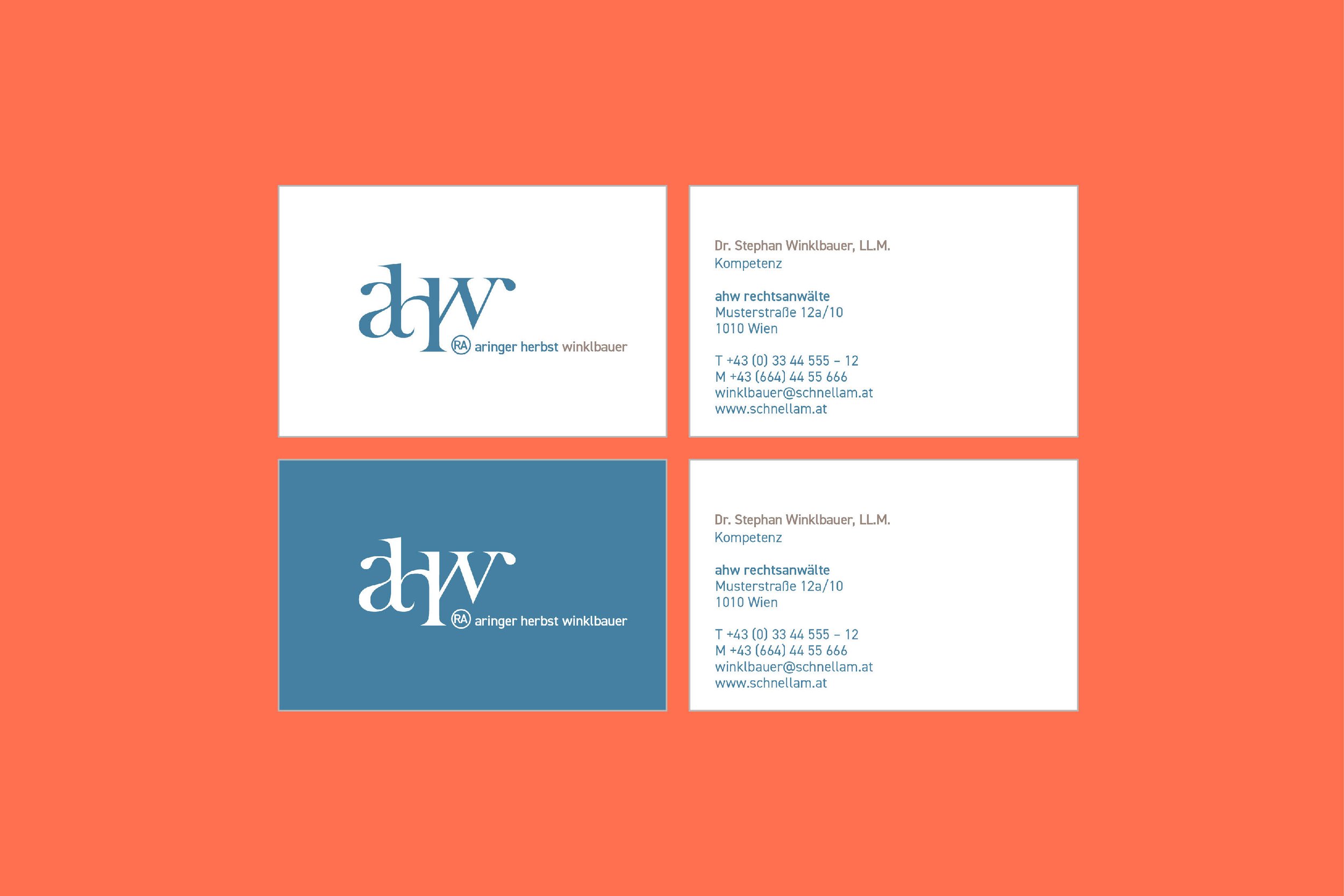 Business card with a logo and contact information for Aringer Herbst Winklbauer law firm, featuring both a light and dark blue version of the logo on a coral background.
