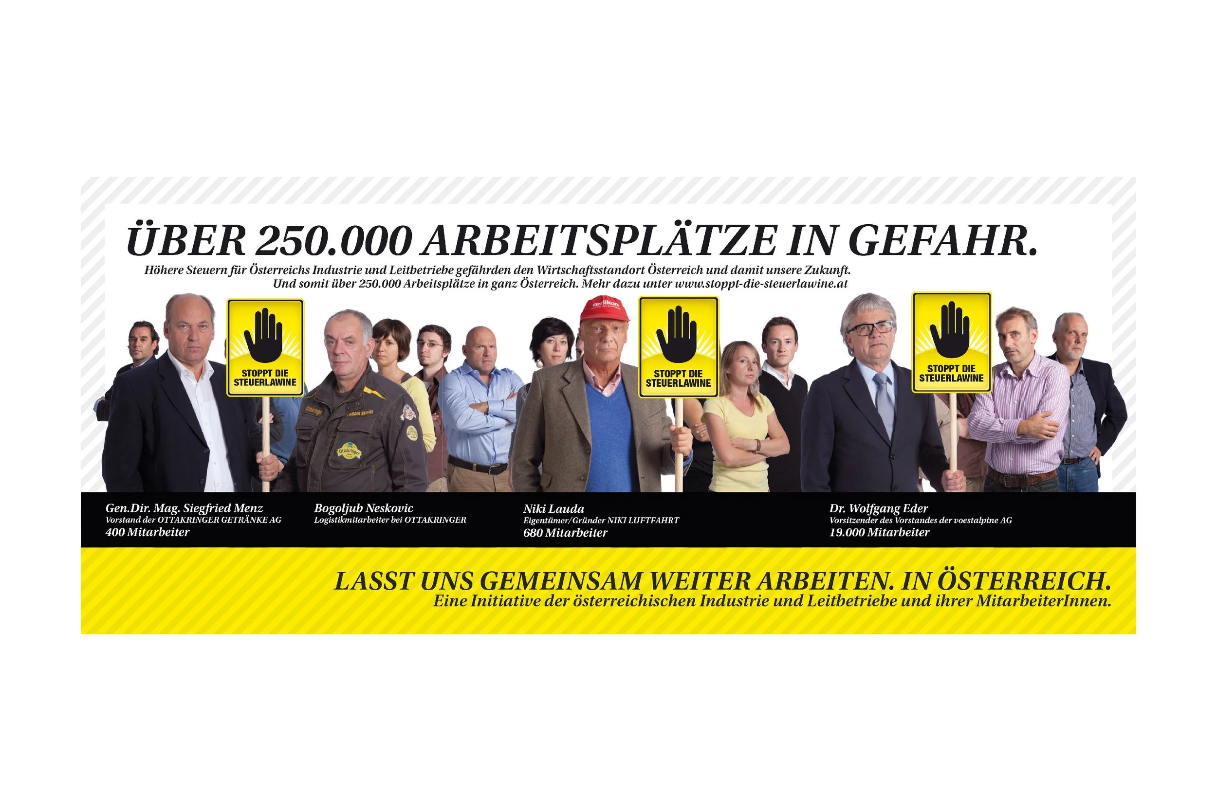 A group of people protesting with signs that say "Stop the tax law" in German, in front of a white background, with text about jobs in Austria and calls for continued work together.