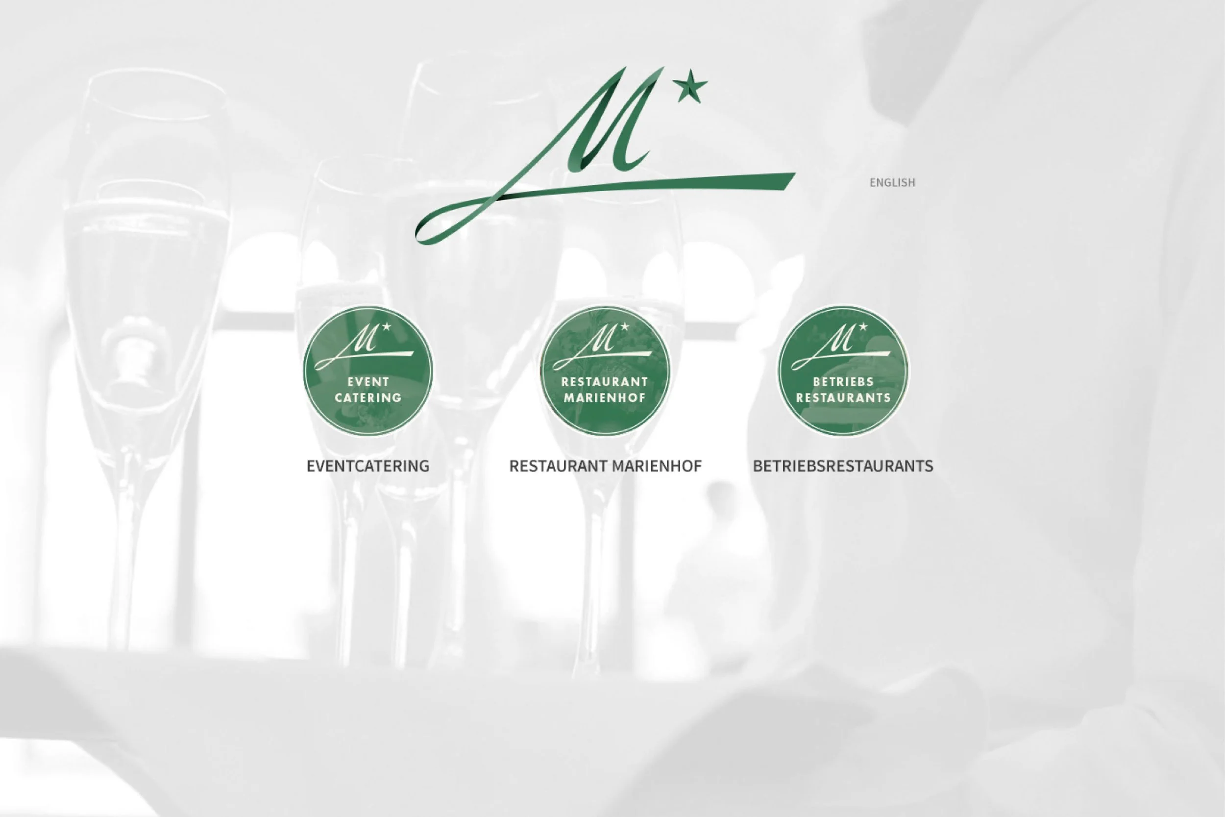 Website homepage with green logo and navigation options for event catering, restaurant Marienhof, and business restaurants, featuring faint background image of wine glasses.