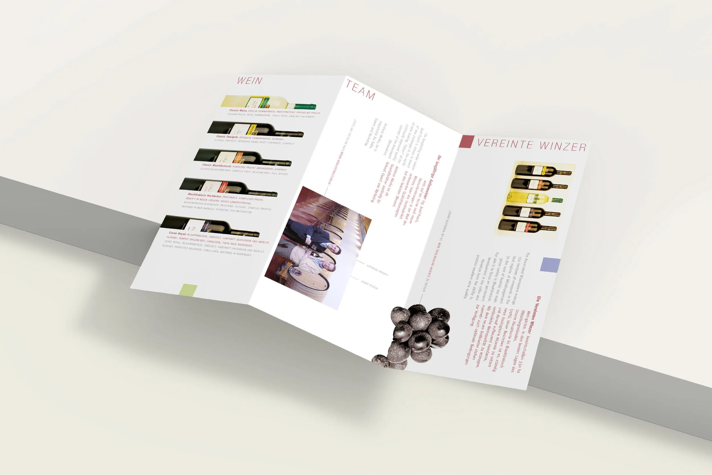Open brochure displaying wine bottles on the left page and winery information on the right page, with a cluster of black grapes at the bottom right corner.