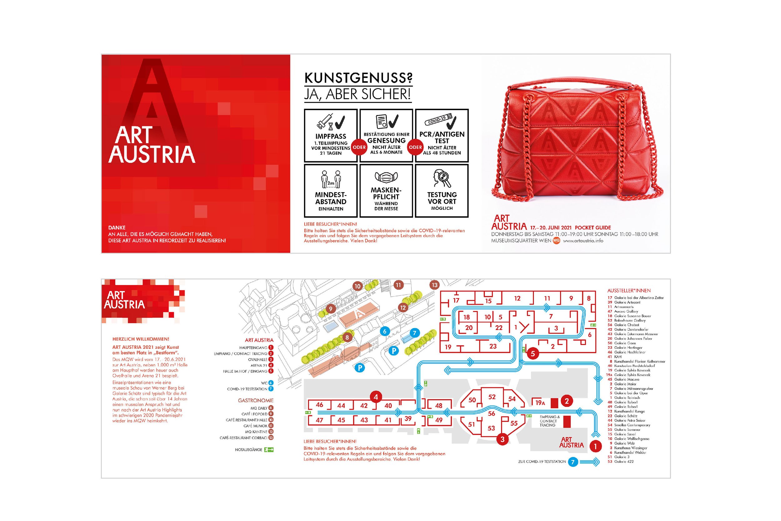 Poster and map for Art Austria event. The poster features a red, pixelated background with the text 'Art Austria,' information about COVID safety measures, and an image of a red handbag. The map provides a layout of the exhibition space with numbered