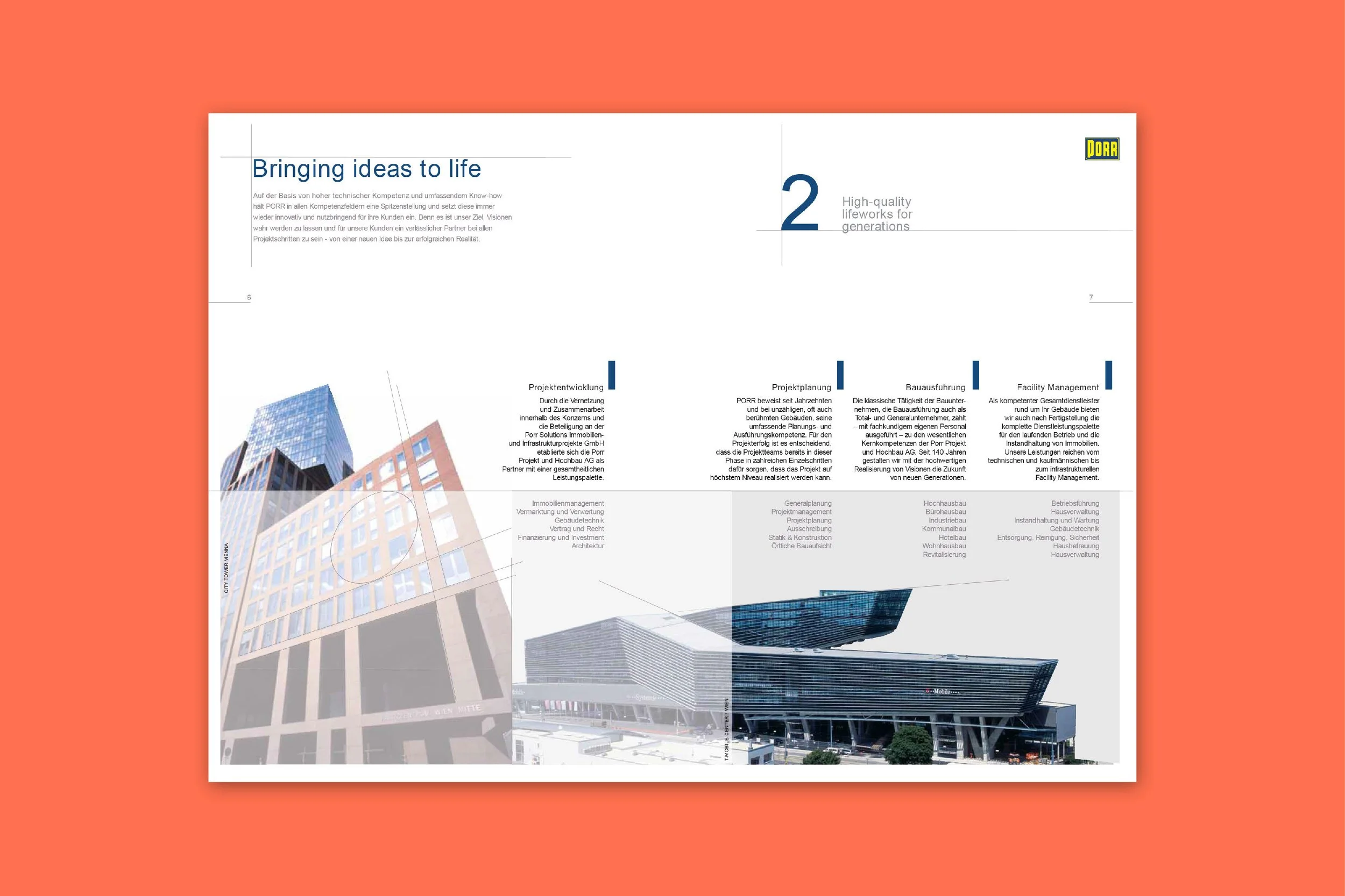 Two-page brochure or magazine spread with images of modern architectural buildings, text in German, and a yellow logo on the upper right corner of the right page.