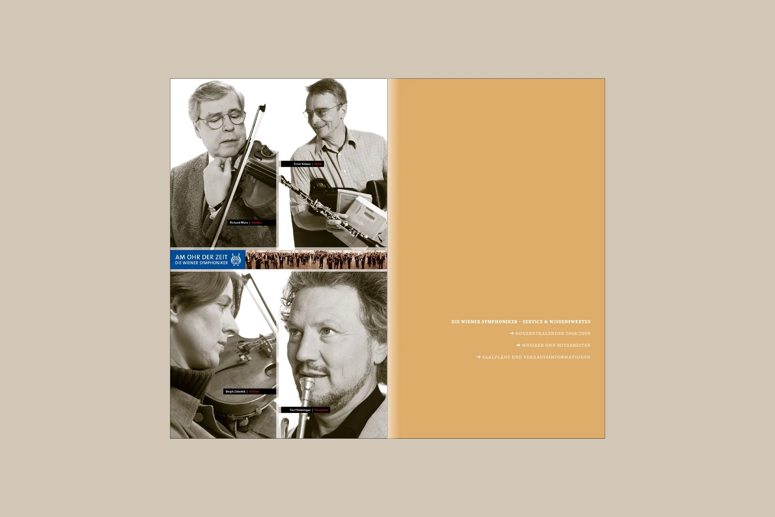 Concert program brochure for Wiener Symphoniker featuring sepia-toned photographs of four musicians playing instruments, with German text about the orchestra and concert details.