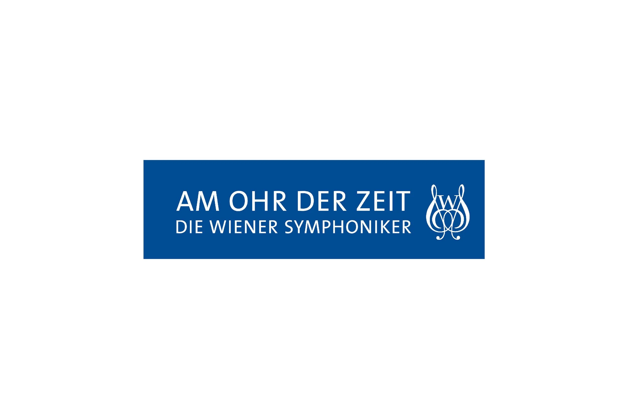 Logo for Wiener Symphoniker with blue background and white text that reads 'Am Ohr Der Zeit Die Wiener Symphoniker' and a stylized musical emblem to the right.