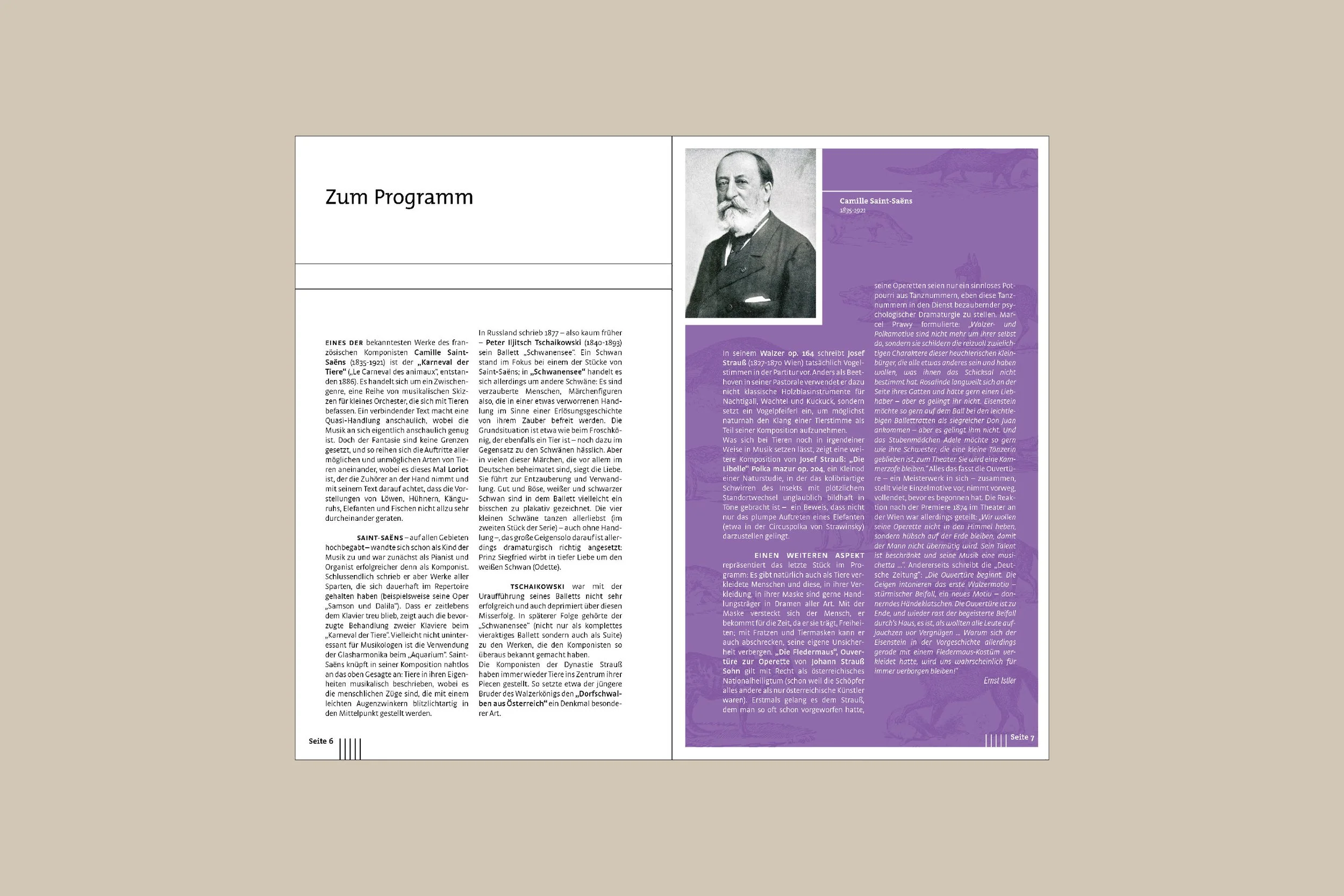 A two-page program or booklet in German about composers, featuring black-and-white photographs of Camille Saint-Saëns and Joseph Strauss. The left page contains text about Saint-Saëns, and the right page contains text about Strauss, with a purple bac