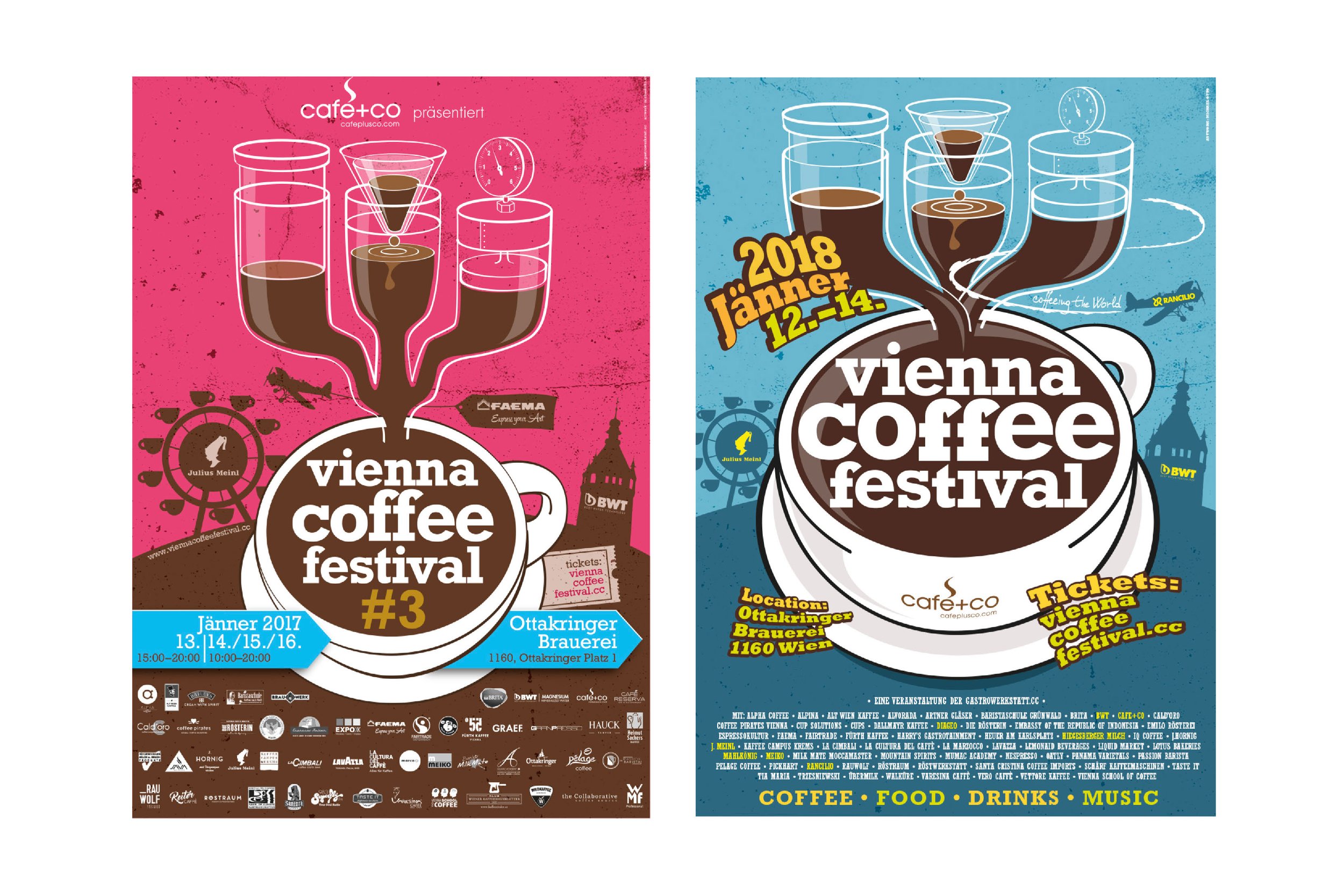 Flyers for the Vienna Coffee Festival in 2017 and 2018, featuring coffee cups with pouring coffee, event details, dates, location, and various sponsor logos.