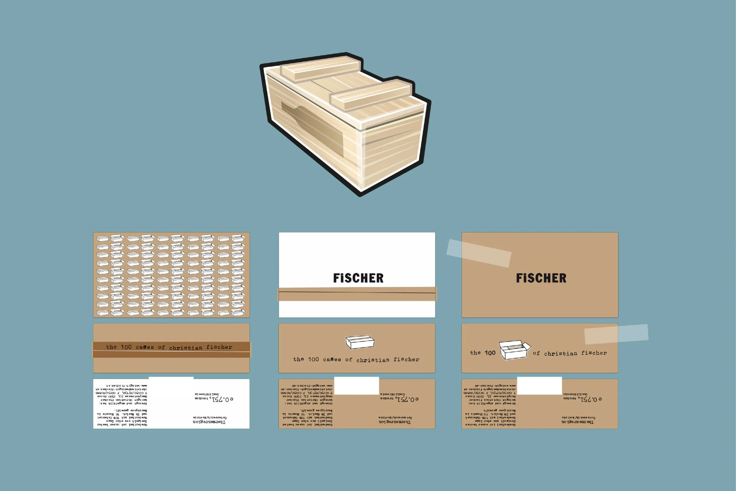 Top view of three different labels for Christian Fischer products, depicting packaging with a box, several smaller boxes, and packaging with text. All labels show the brand name "Fischer" and the phrase "the 100 cases of Christian Fischer".