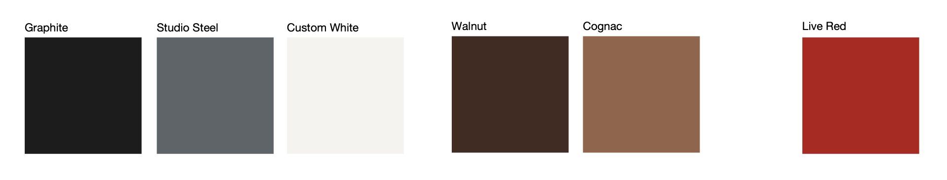 Color palette with six color swatches labeled Graphite, Studio Steel, Custom White, Walnut, Cognac, and Live Red.