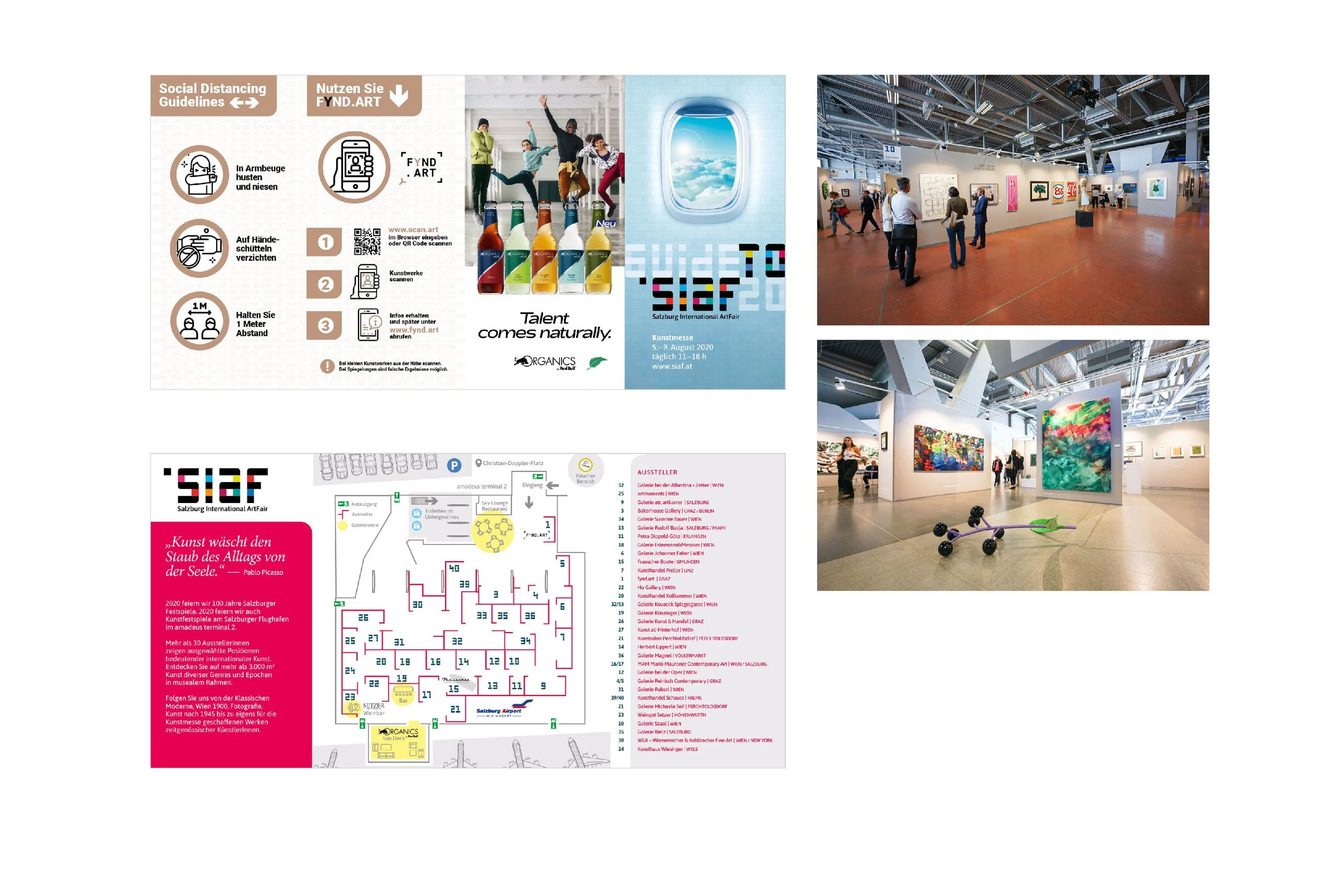 Exhibition flyers and maps for Salzburg International ArtFair, featuring images of art galleries, artworks, and an event layout at a convention center.