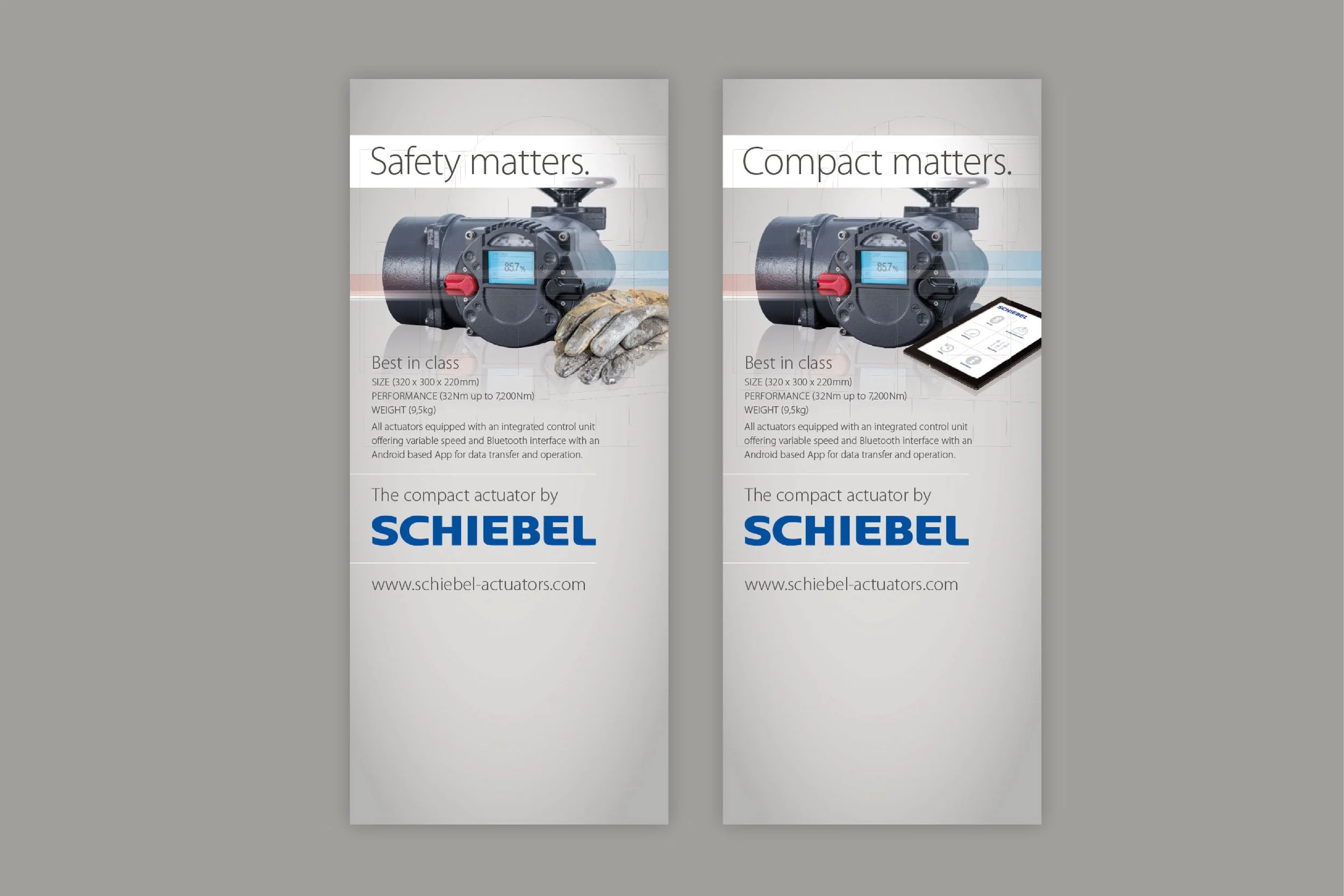 Two promotional banners for Schiebel compact actuators. Each banner features an image of the actuator, with the left banner emphasizing safety and the right one highlighting compactness. The banners include specifications, a website URL, and slogans,