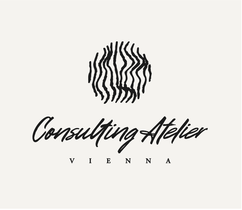 Logo with an abstract fingerprint design and the text "Consulting Atelier Vienna" in script and serif fonts.
