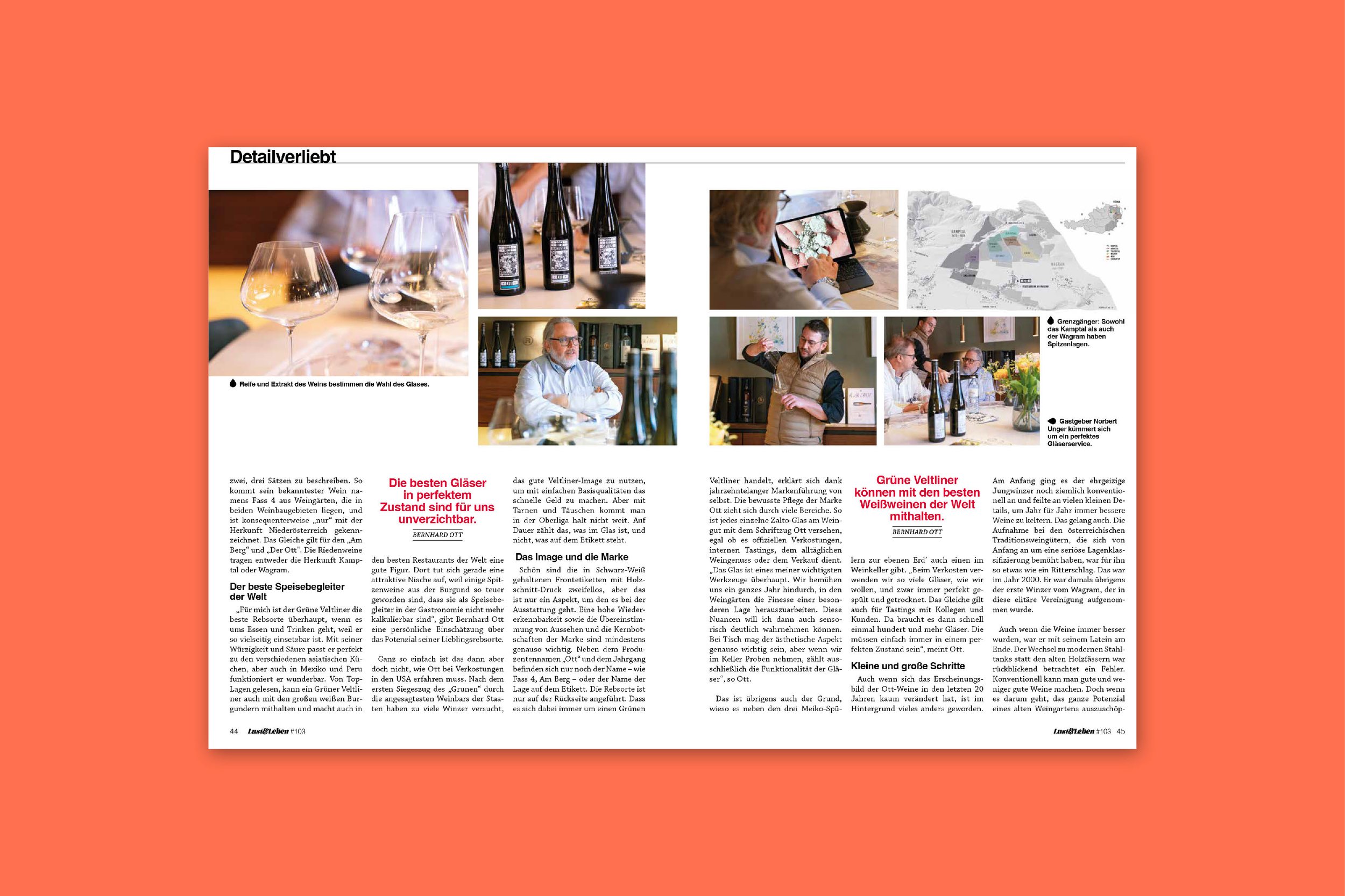 A two-page magazine spread featuring images of wine bottles, wine glasses, and people discussing wine in a restaurant setting, with accompanying German text.