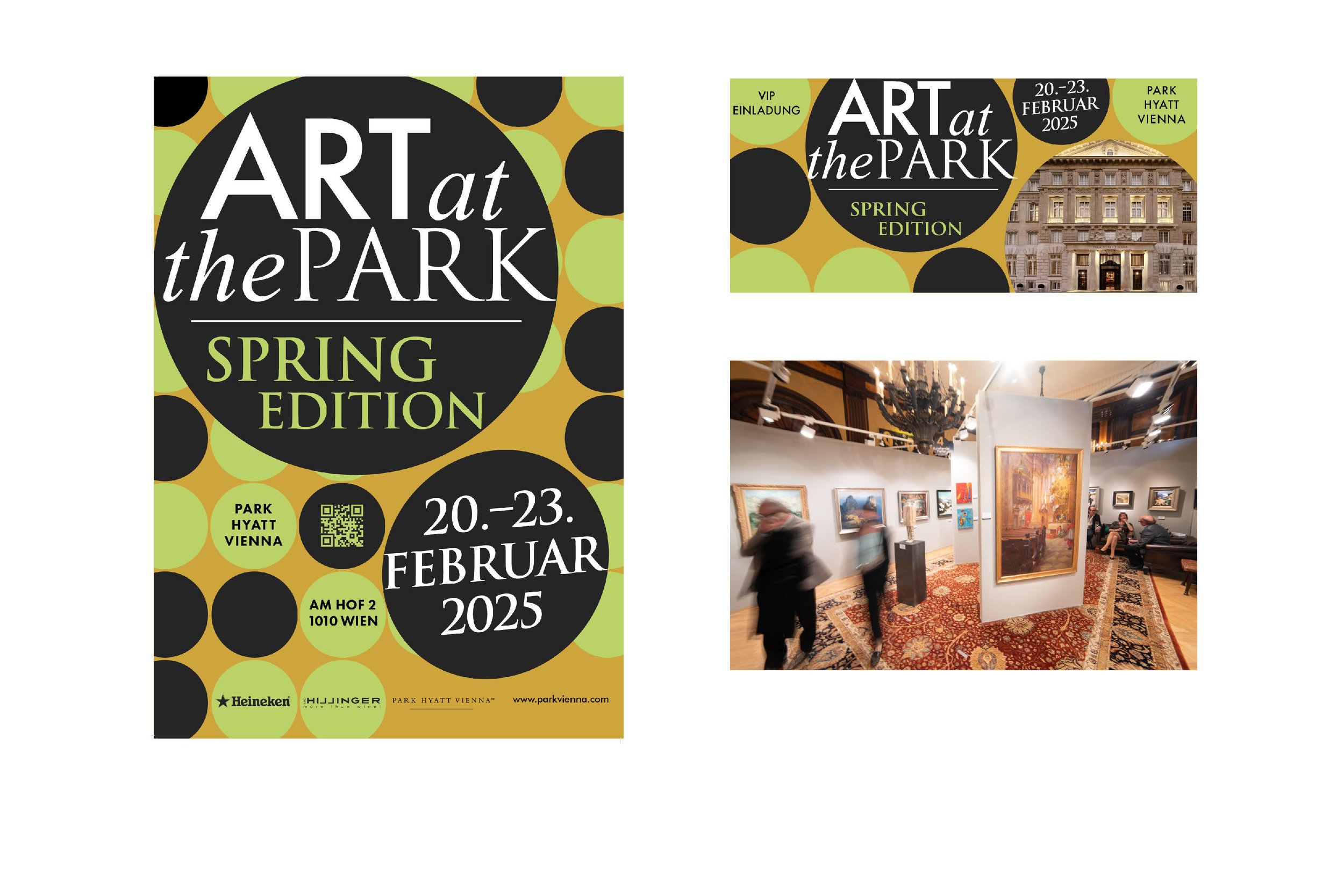 Event poster for 'Art at the Park: Spring Edition' held from February 20-23, 2025, at Park Hyatt Vienna, featuring an indoor art gallery scene with visitors viewing paintings.