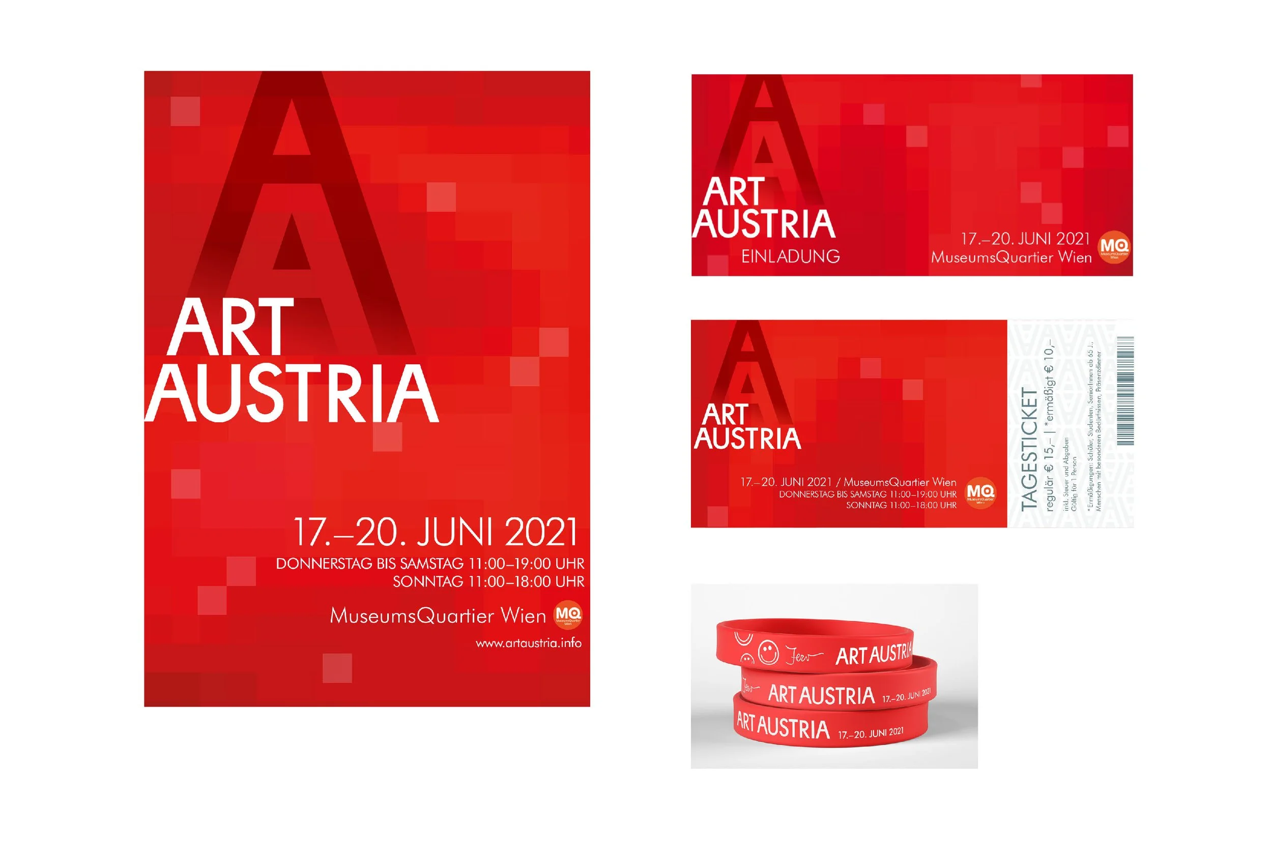 Red promotional materials for Art Austria event, including a poster, invitation, ticket, and wristbands, all with the event dates June 17-20, 2021, held at MuseumsQuartier Wien.