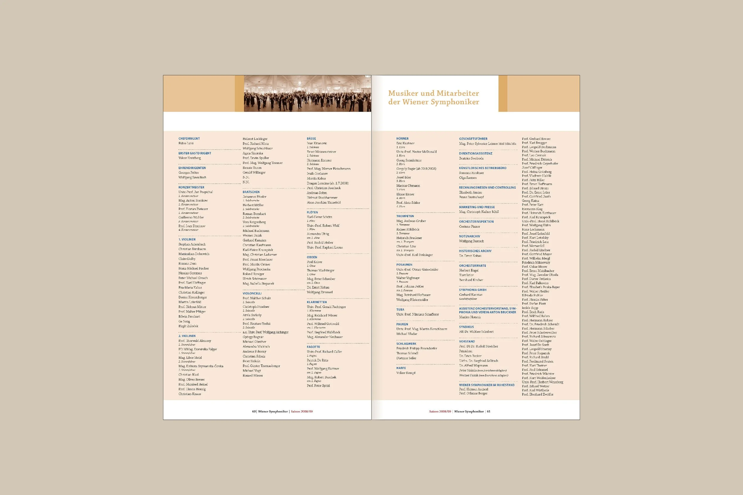A two-page spread of a directory listing musicians and employees of the Vienna Symphony, with a photo of an orchestra at the top and names and roles in columns underneath, in German.