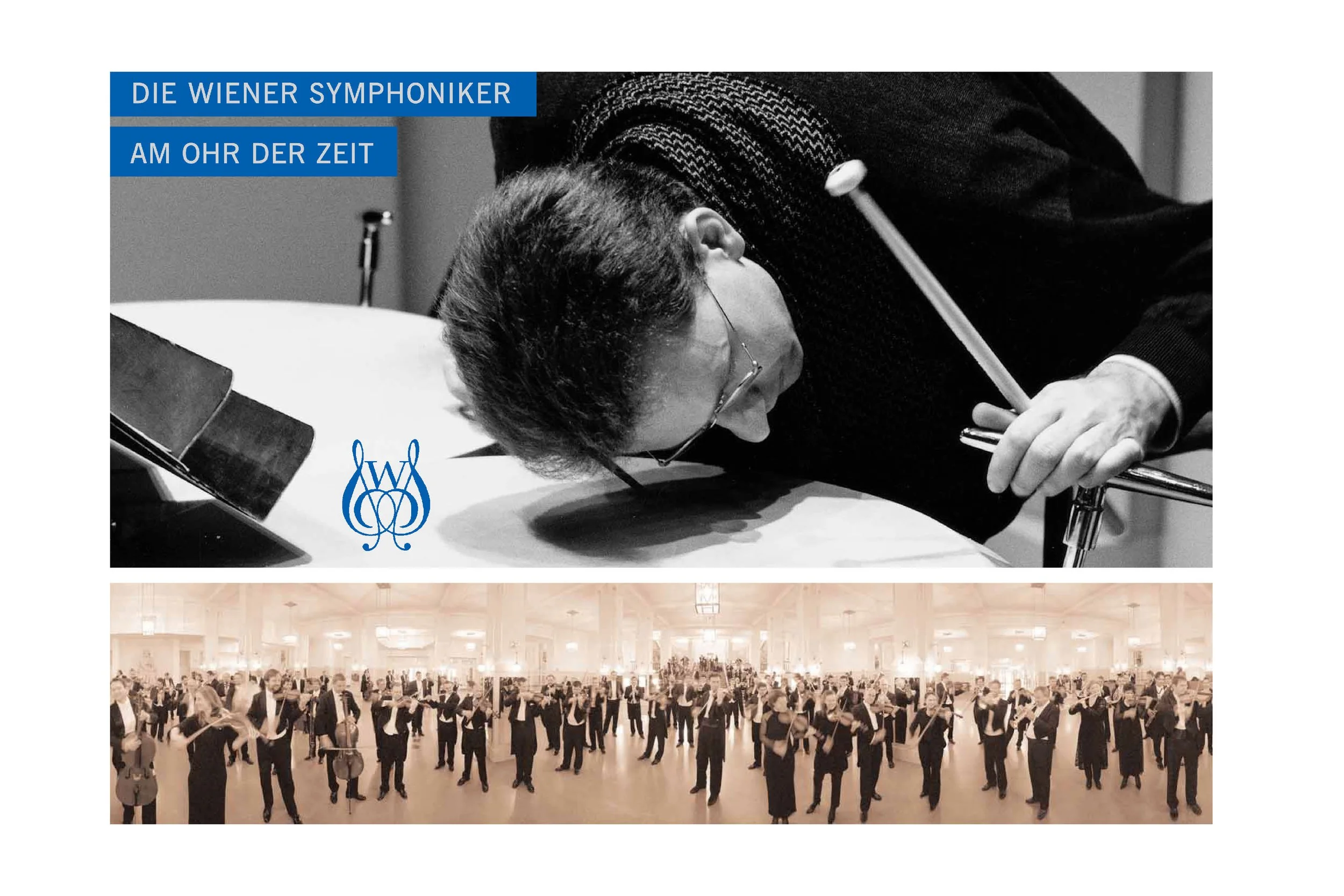 Black and white photo of a conductor bowing with a baton in a concert hall, alongside a sepia-toned image of many orchestra members playing violins in a ballroom.