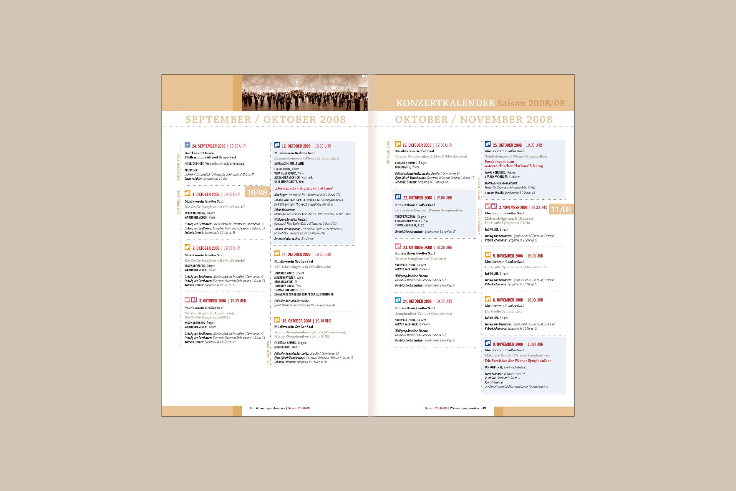 A two-page concert calendar for September and October 2008 with schedules, events, and performances listed in German and English, including dates, times, and venues for various symphony and orchestra concerts.