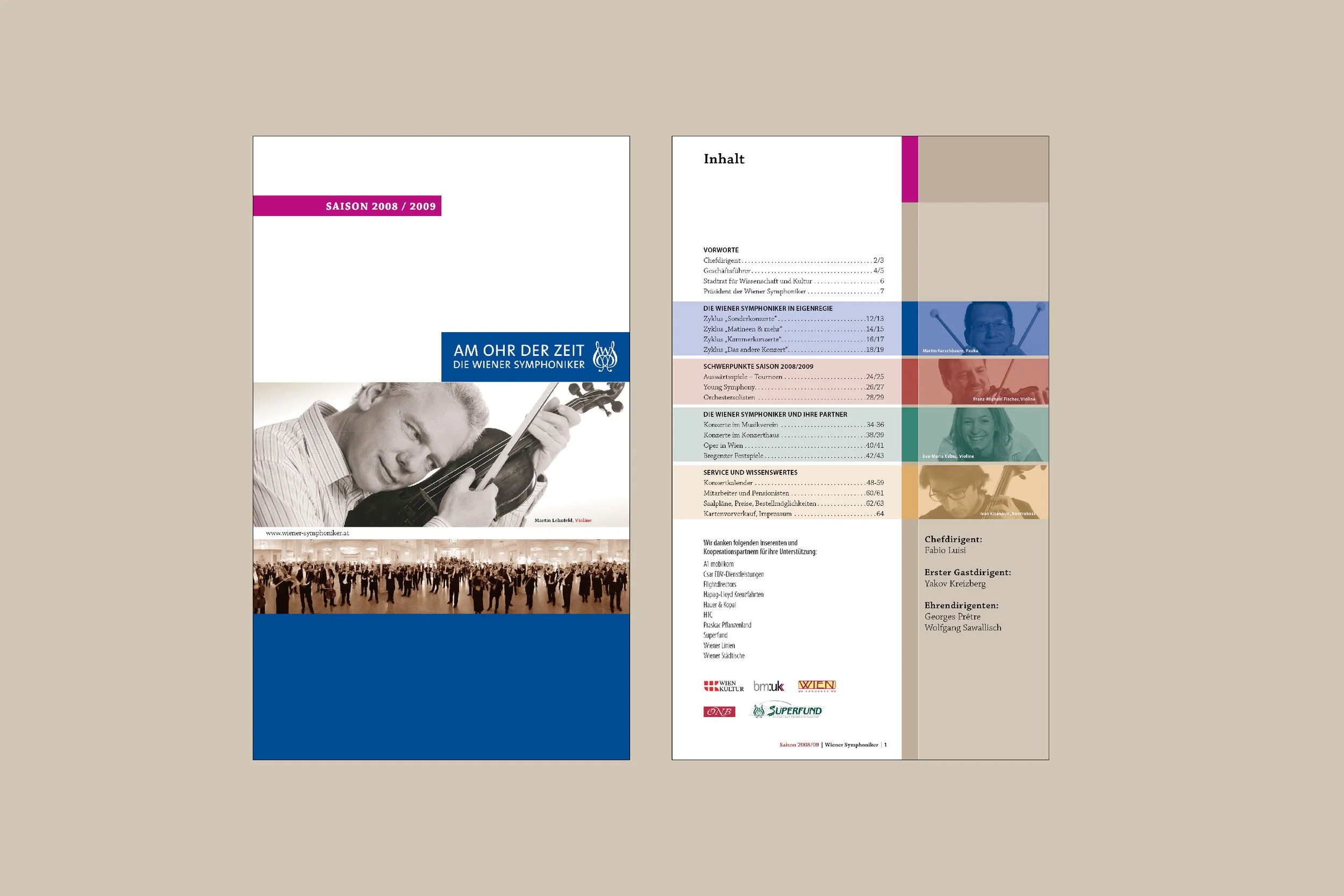 Brochure for the Wiener Symphoniker 2008/2009 season featuring a black-and-white photo of a violinist, a large group of people in a concert hall, and colorful segments with images and text in German.