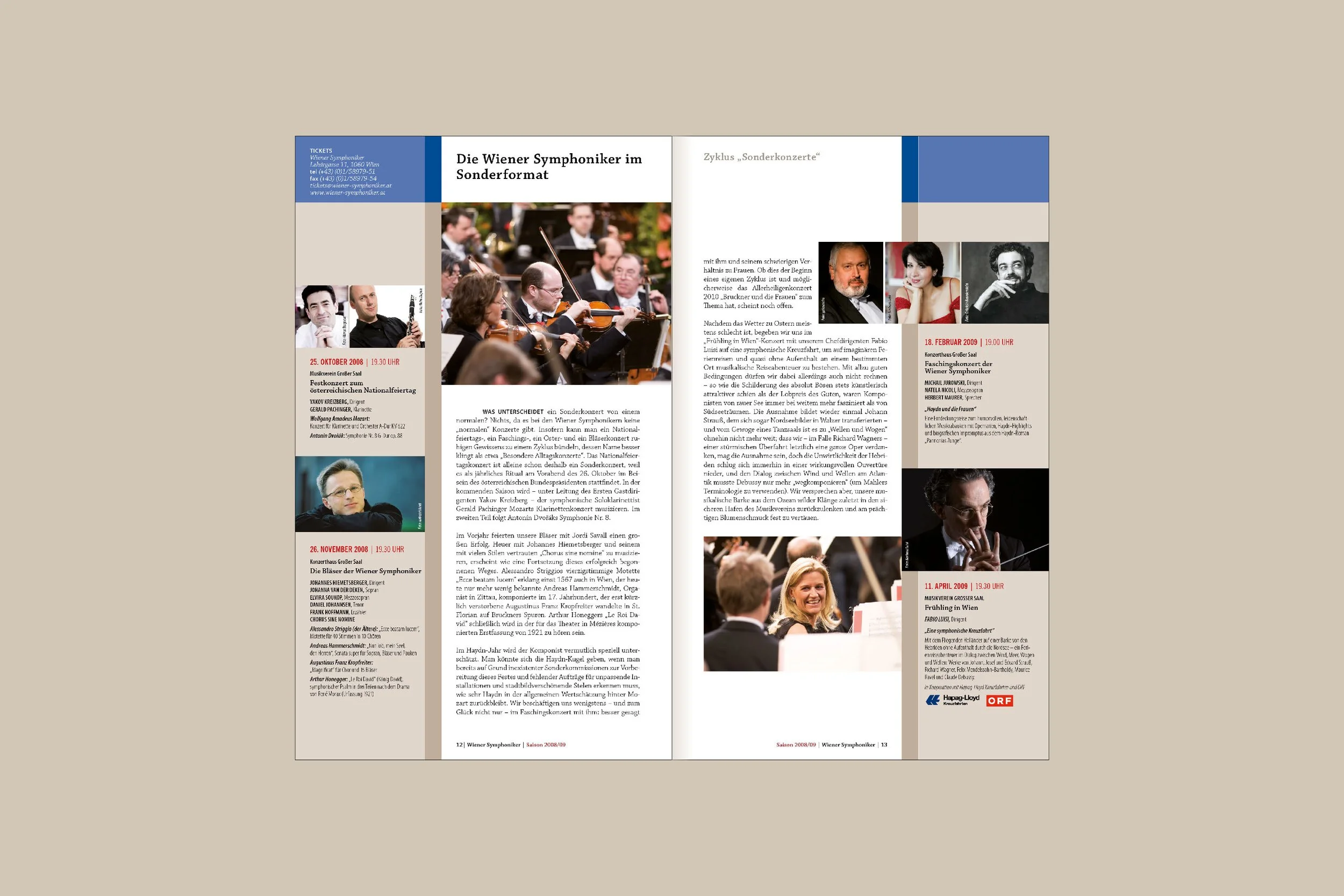 A two-page newsletter with text and photos about an orchestra concert series, featuring images of classical musicians and conductor, along with concert dates and descriptions.