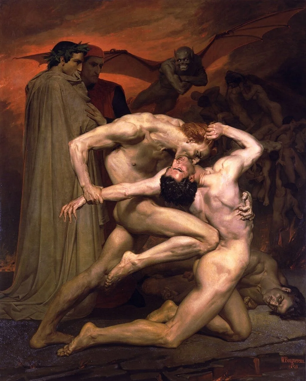 Two nude men engaged in a brutal fight, with one grabbing the other's arm and the other grimacing. Two robed figures observe the fight, and a monstrous creature with bat-like wings and a grotesque face looks on in the background. The scene is intense and dramatic, set against a dark, fiery background.