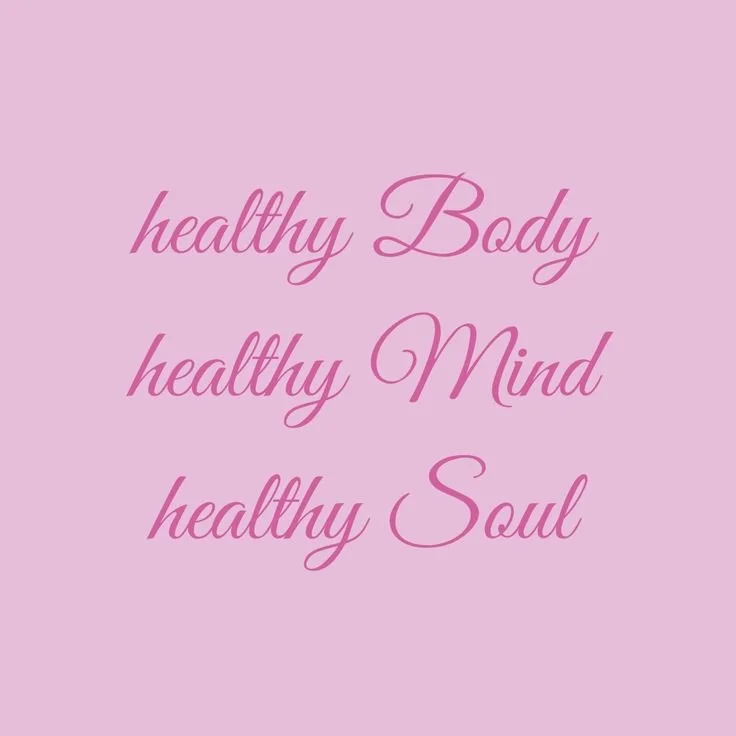 Pink background with the quote 'healthy Body, healthy Mind, healthy Soul' written in elegant pink cursive font.