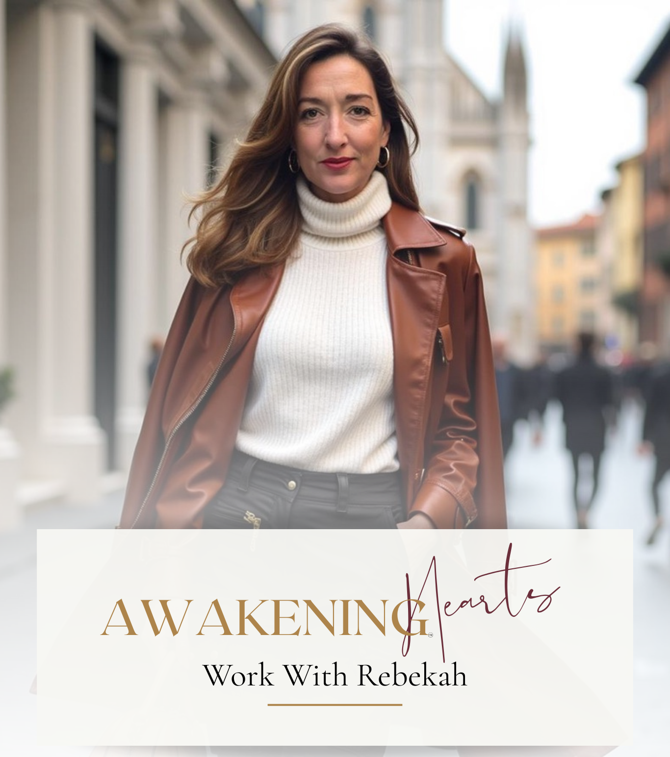A woman with long brown hair wearing a white turtleneck sweater and a brown leather jacket standing on a city street with buildings and people in the background.