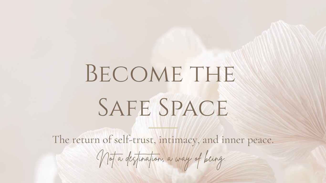 Soft beige background with white ginkgo leaves and overlaying inspirational text about self-trust, intimacy, and inner peace.