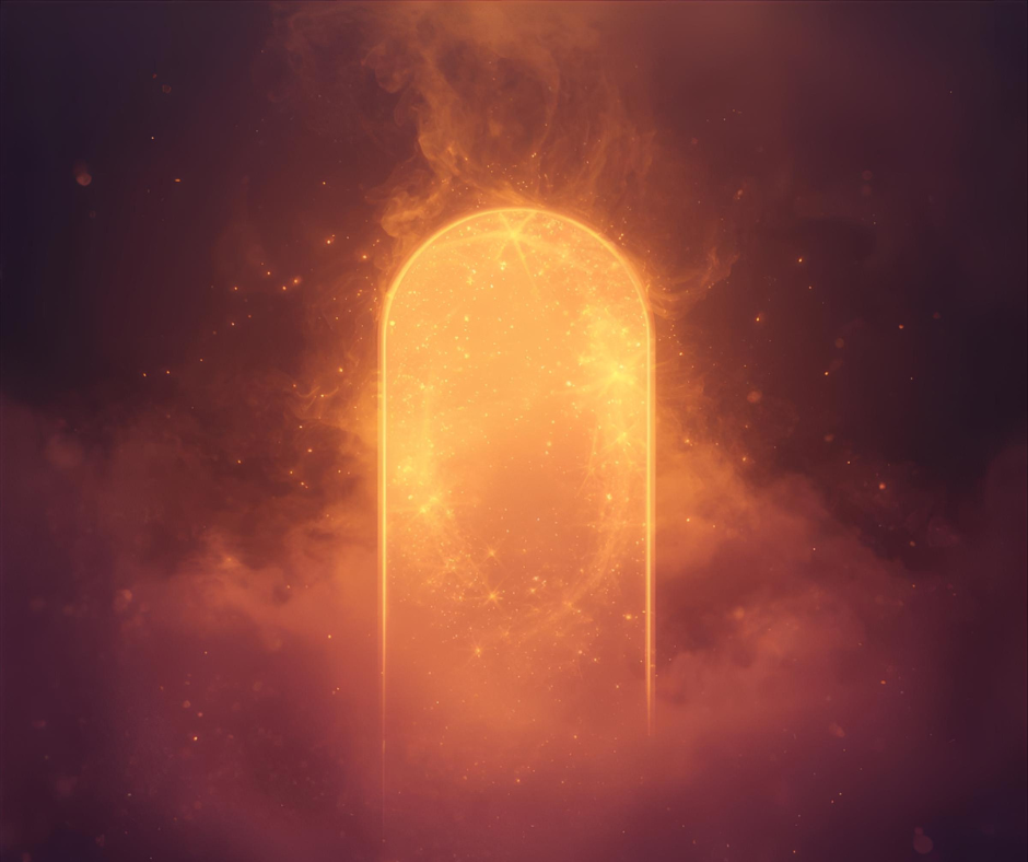 A glowing, golden, arched portal surrounded by clouds and sparkles, with a luminous, fiery core.