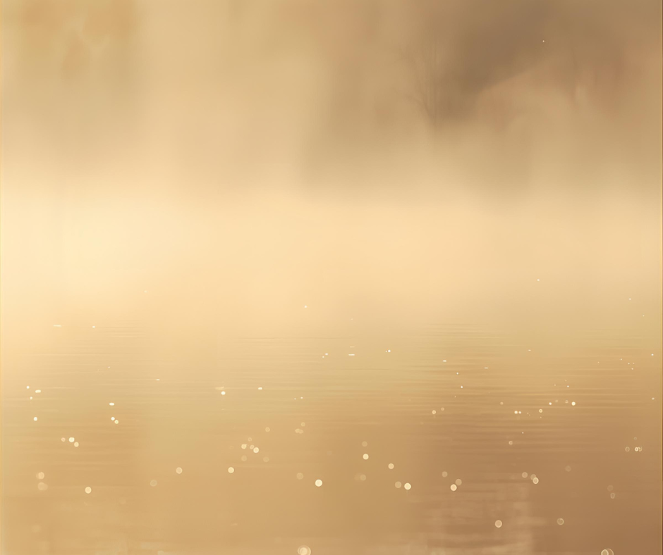 A foggy sunrise over a calm river with reflections of trees and sparkles on the water.