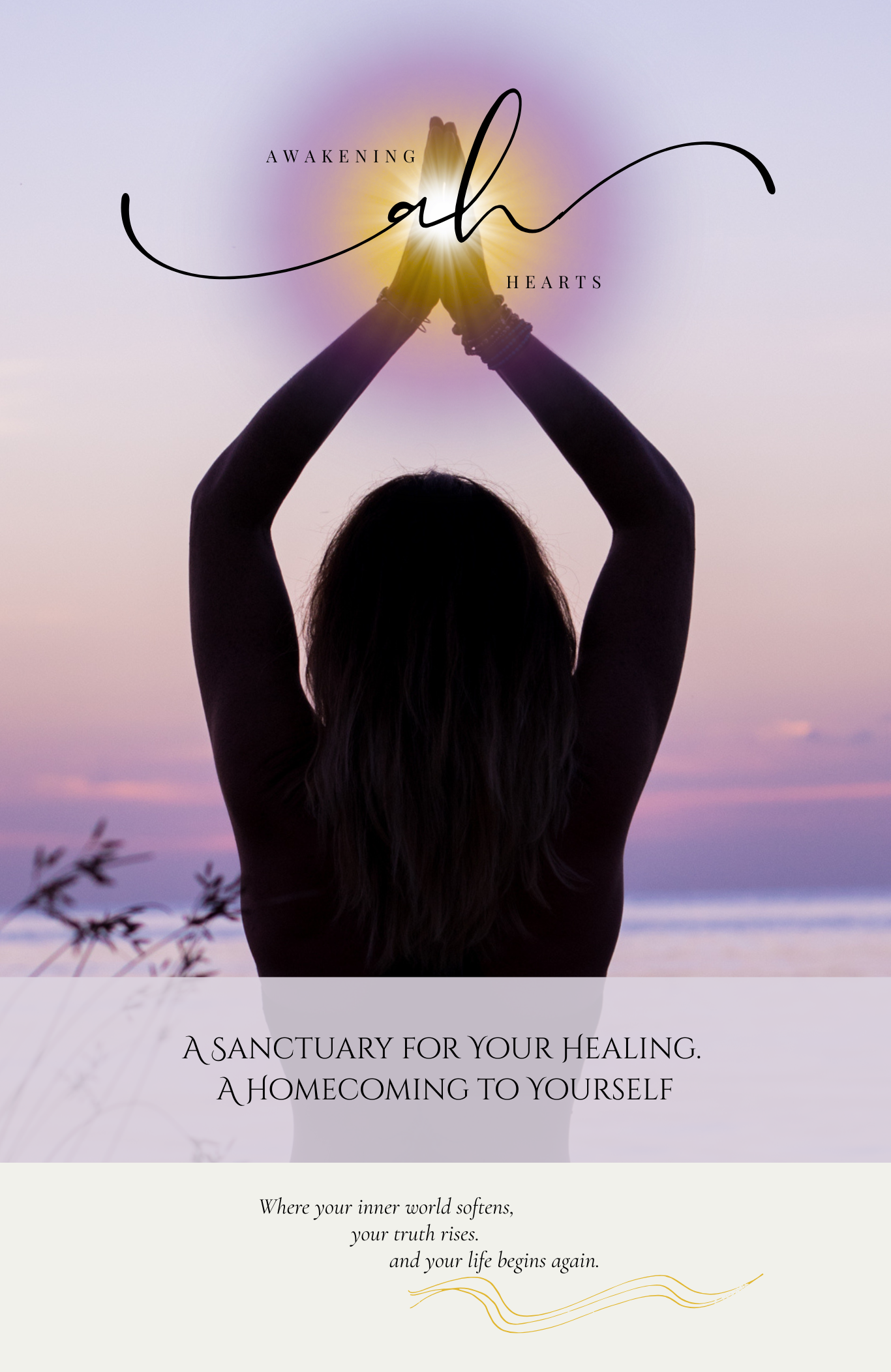 A woman with long hair standing on a beach at sunset, facing away, with her arms raised above her head, hands pressed together in prayer or meditation, sunlight shining through her hands.