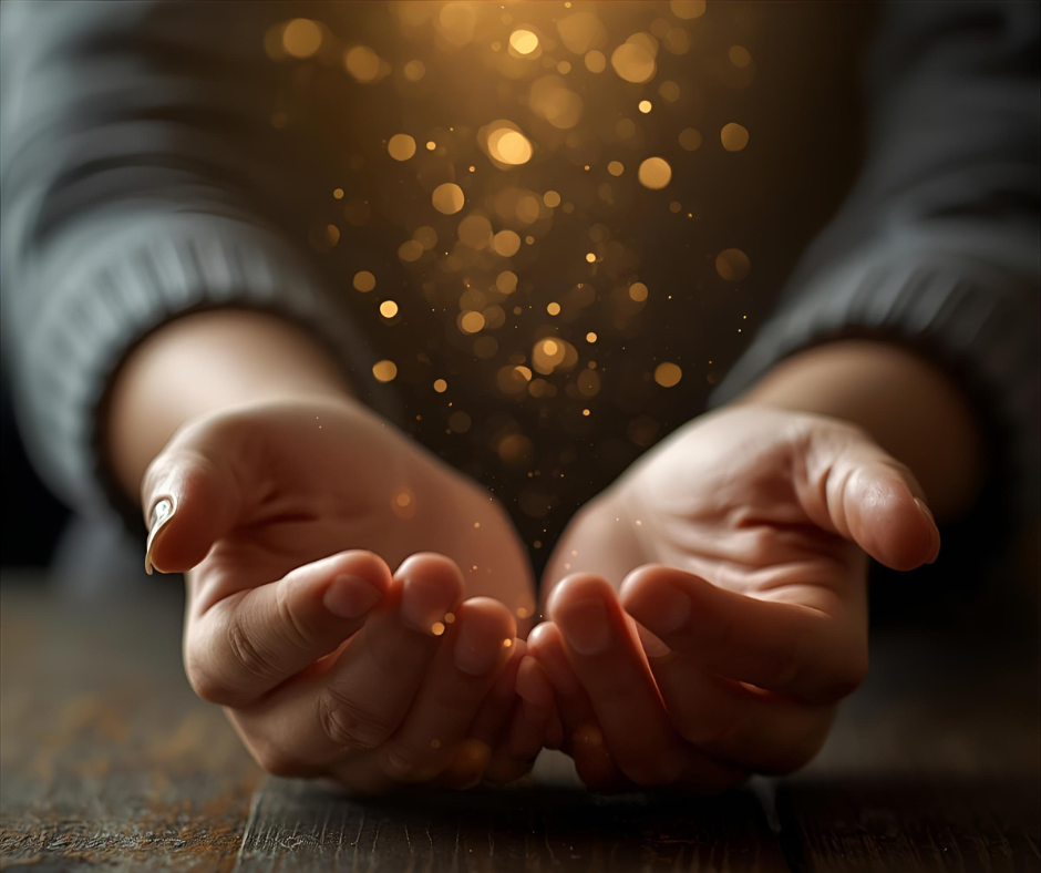 Hands reaching out with glowing golden sparkles floating above.