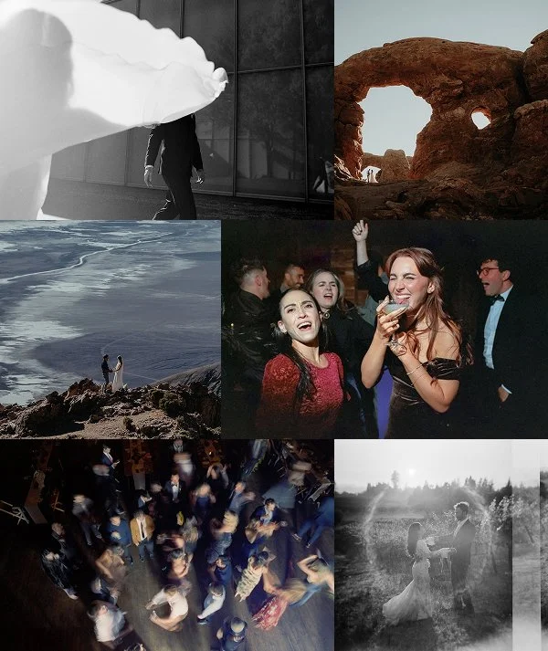 Collage of various scenes including a person walking through a large iceberg, a natural rock formation arch, two people standing on a rocky shore, people celebrating at a party, a dance floor with people dancing, and a couple dancing outdoors.