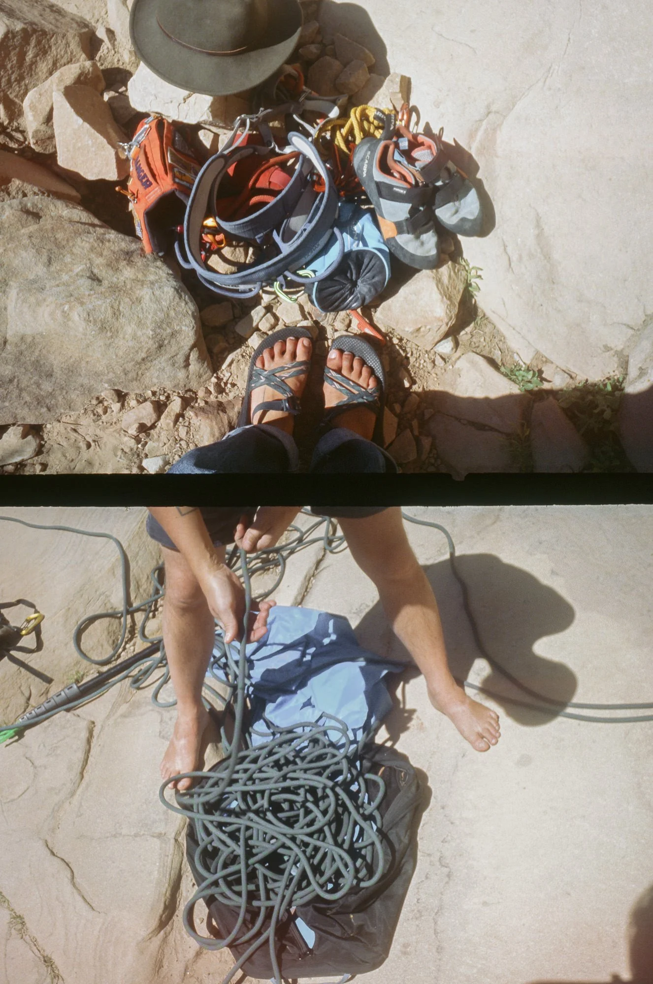 detail photos of rock climbing gear in desert