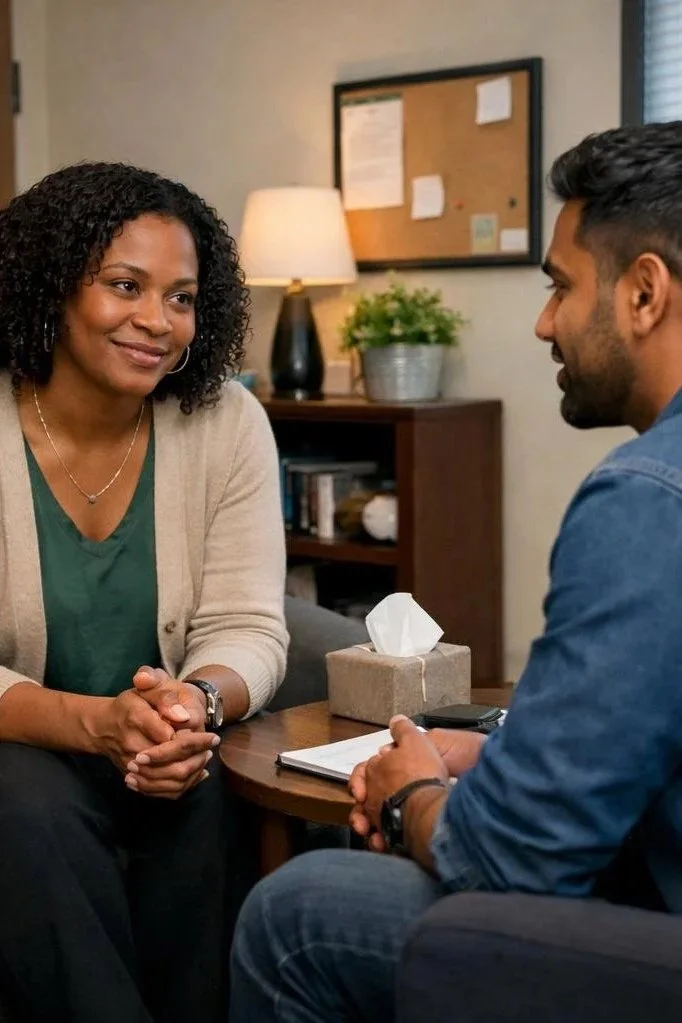 To personer sidder overfor hinanden i en samtale, en kvinde og en mand, i et kontormiljø med et skrivebord, telefon, notesbog og en dokumentbakske.