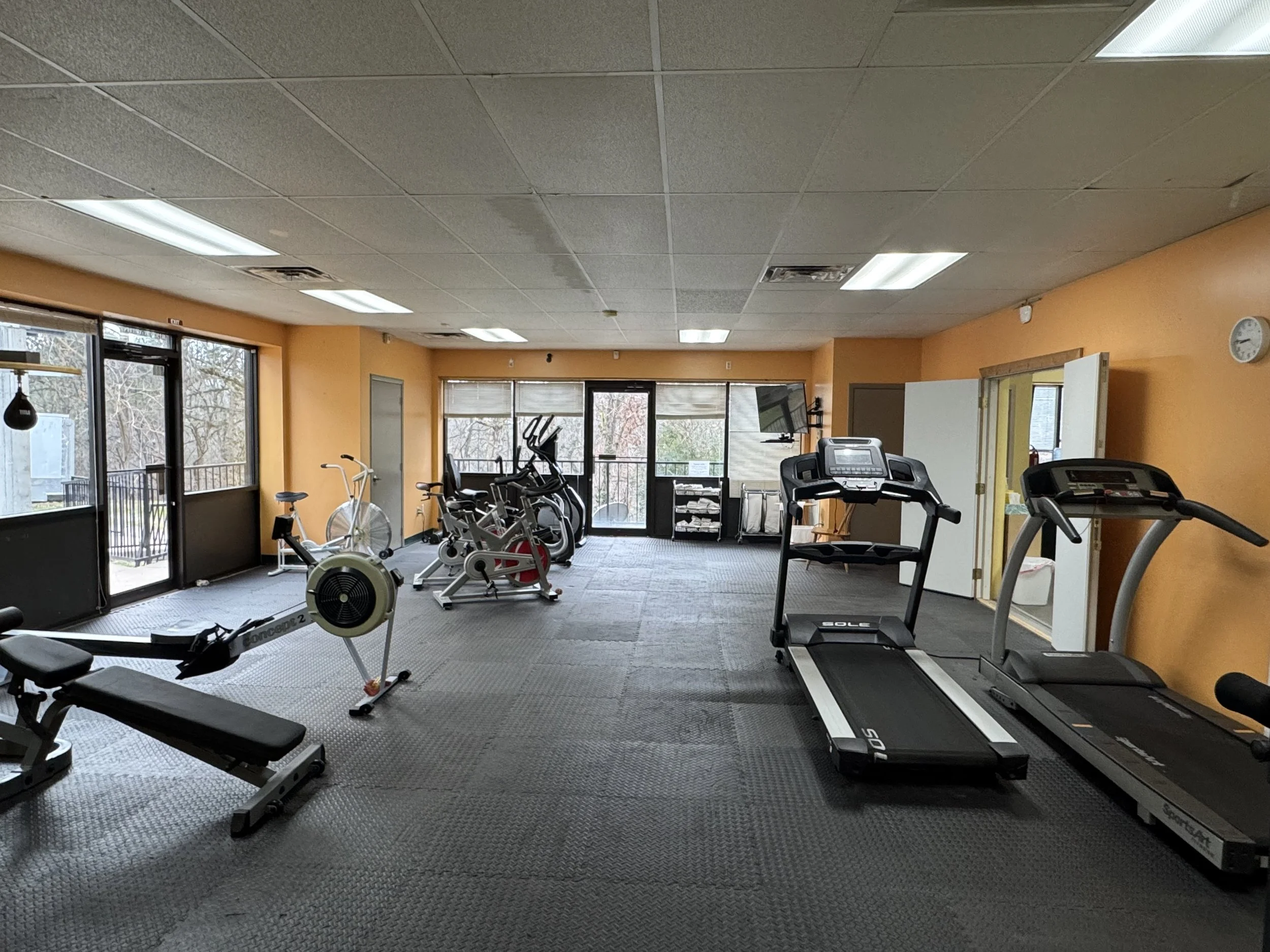 Indoor gym with various exercise equipment including treadmills, stationary bikes, and elliptical machines. The room has orange walls, large windows, and carpeted flooring.