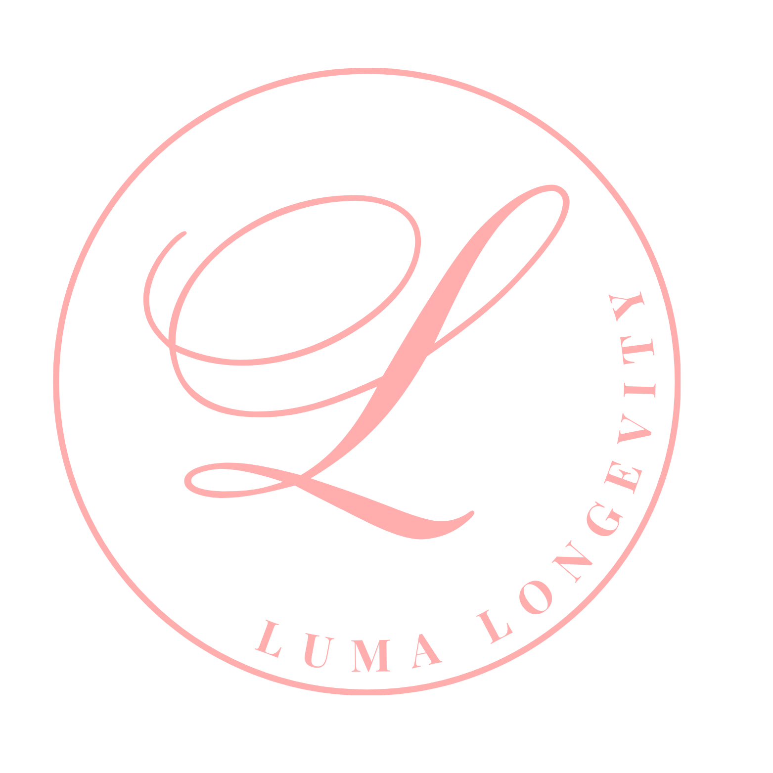A round logo with a light pink border, featuring a large cursive letter L in the center, with the words "Luma Longevery" written in pink around the perimeter of the circle.