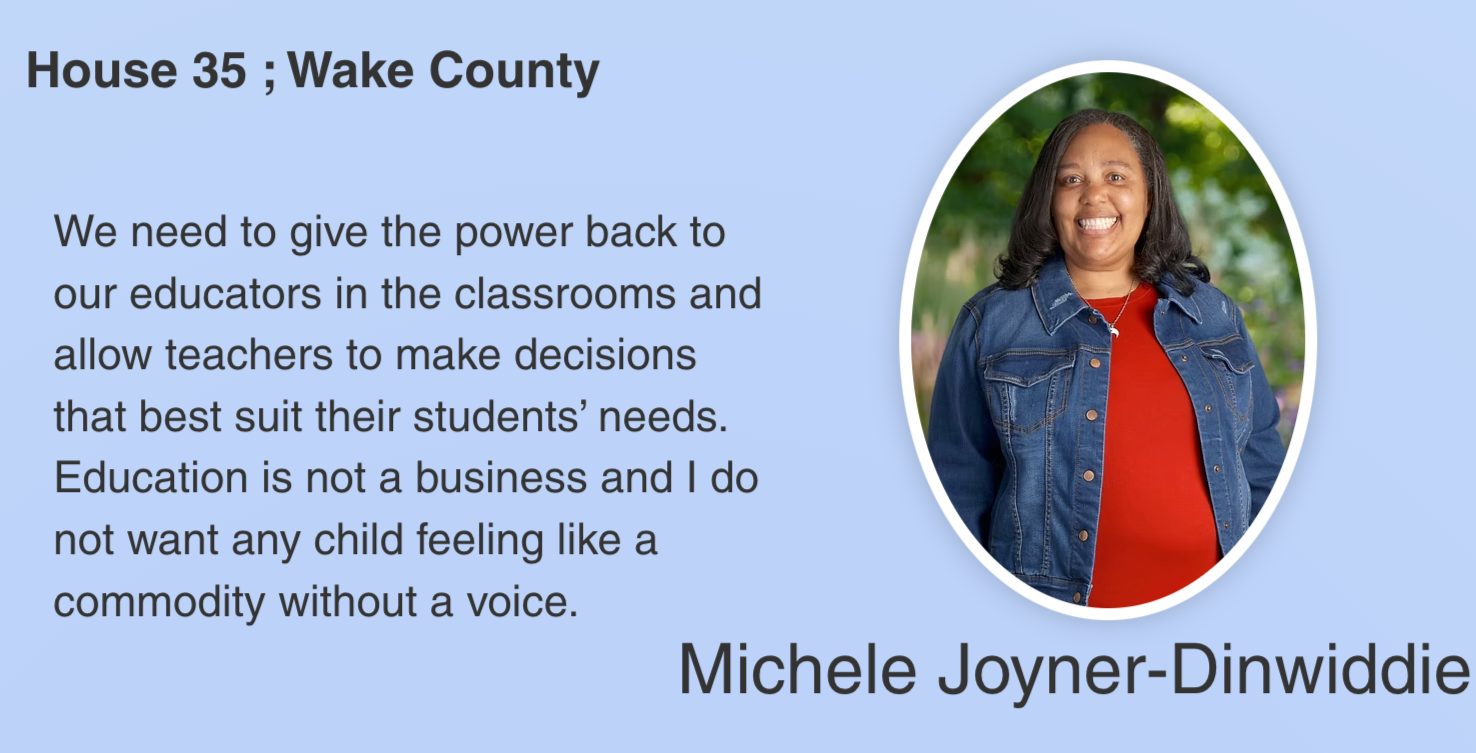 "House 35; Wake County" and a quote about giving power back to educators with a photo of Michele Joyner-Dinwiddie
