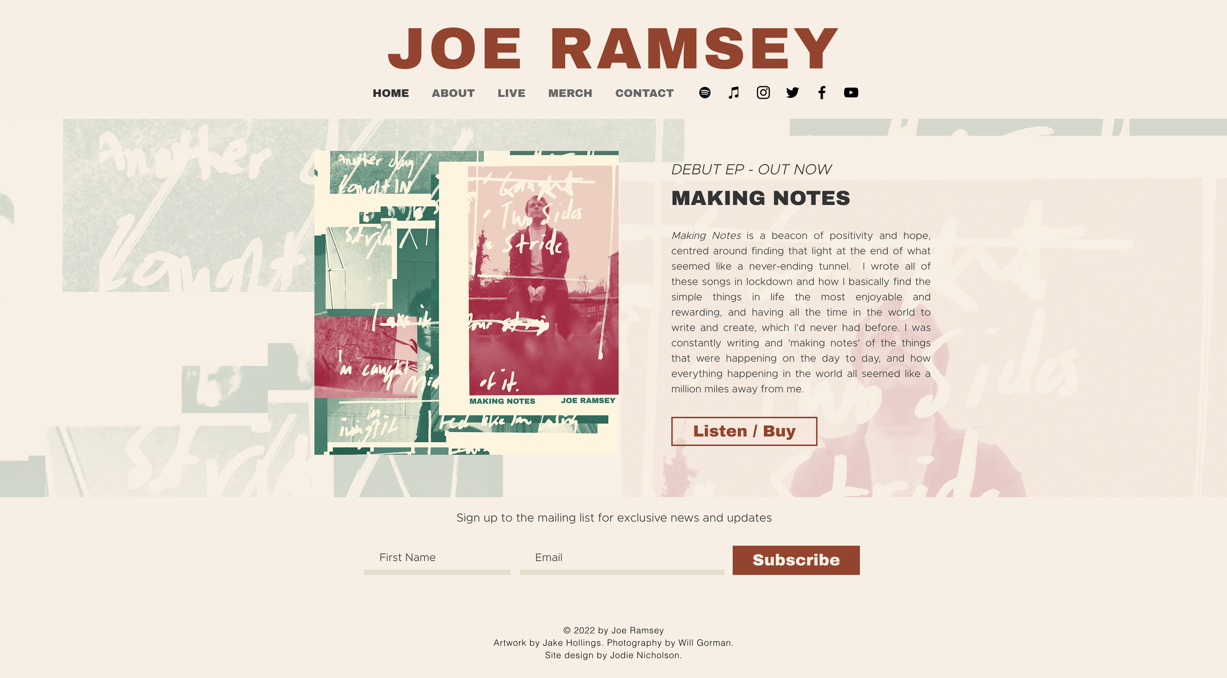 Web page of Joe Ramsey promoting his debut EP 'Making Notes' with album cover art, social media icons, and a subscription sign-up form.
